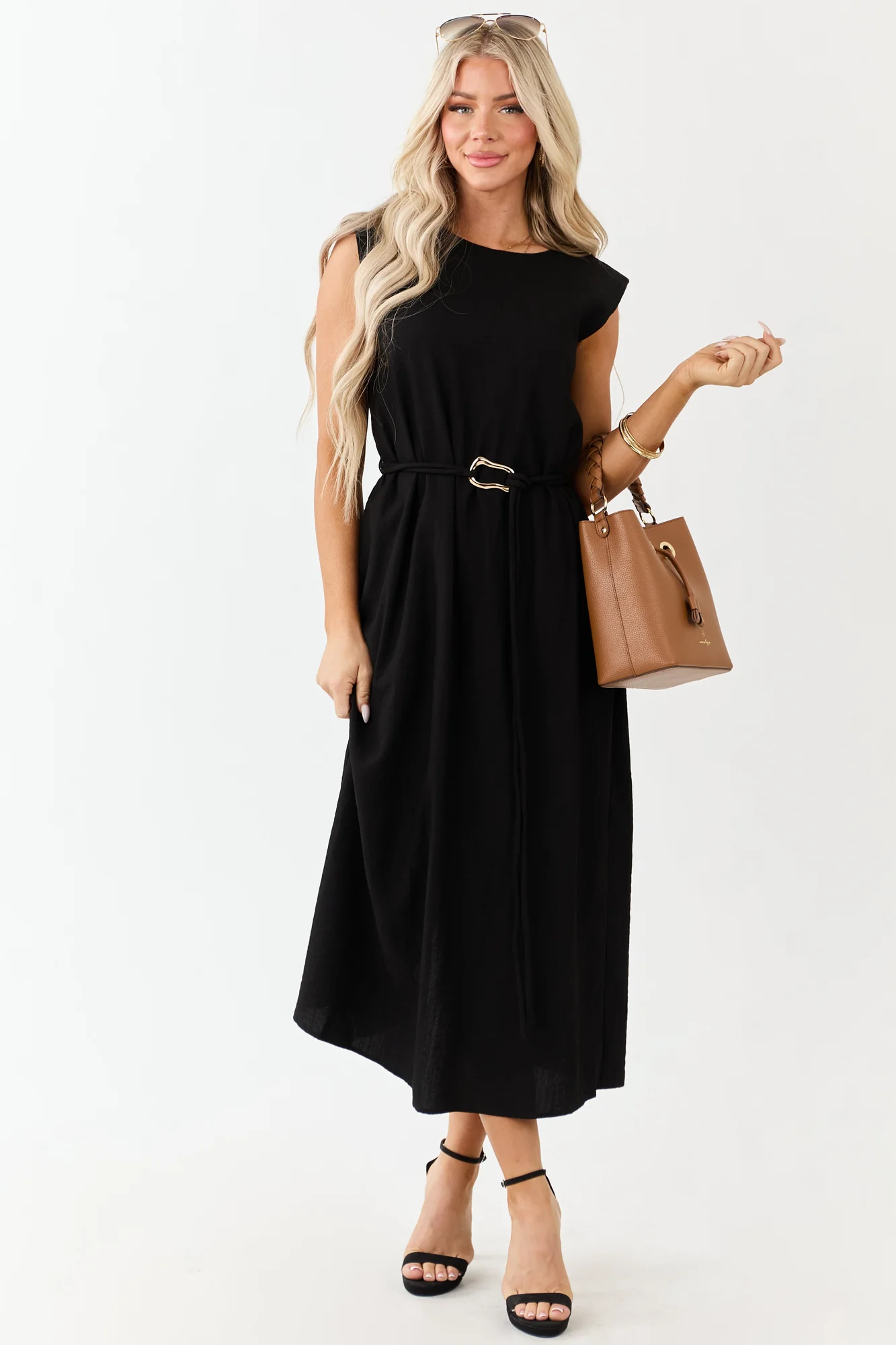 Black Sleeveless Belted Midi Dress with Subtle Shoulder Padding