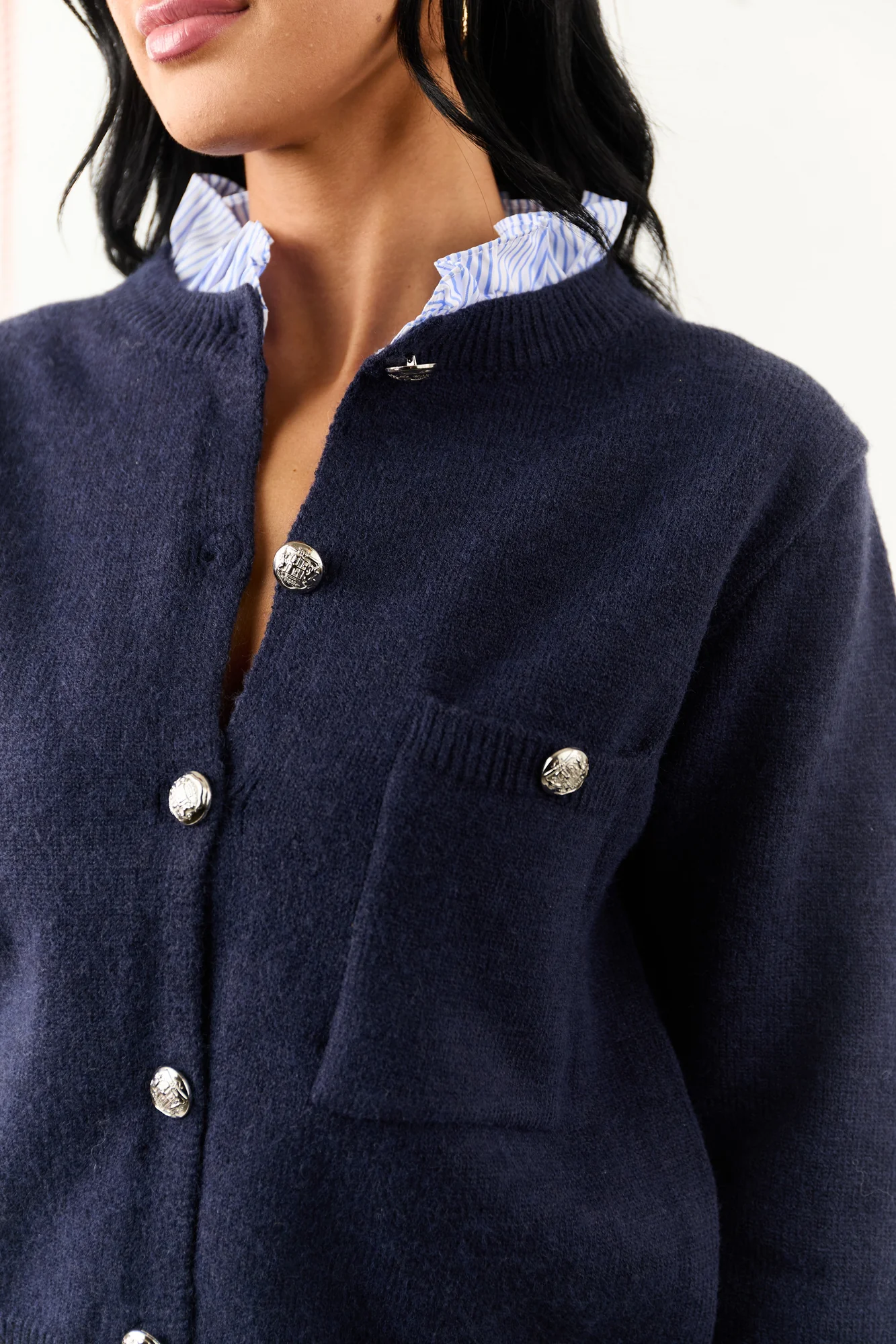 Navy Ruffle Button Down Cardigan - Soft & Sophisticated