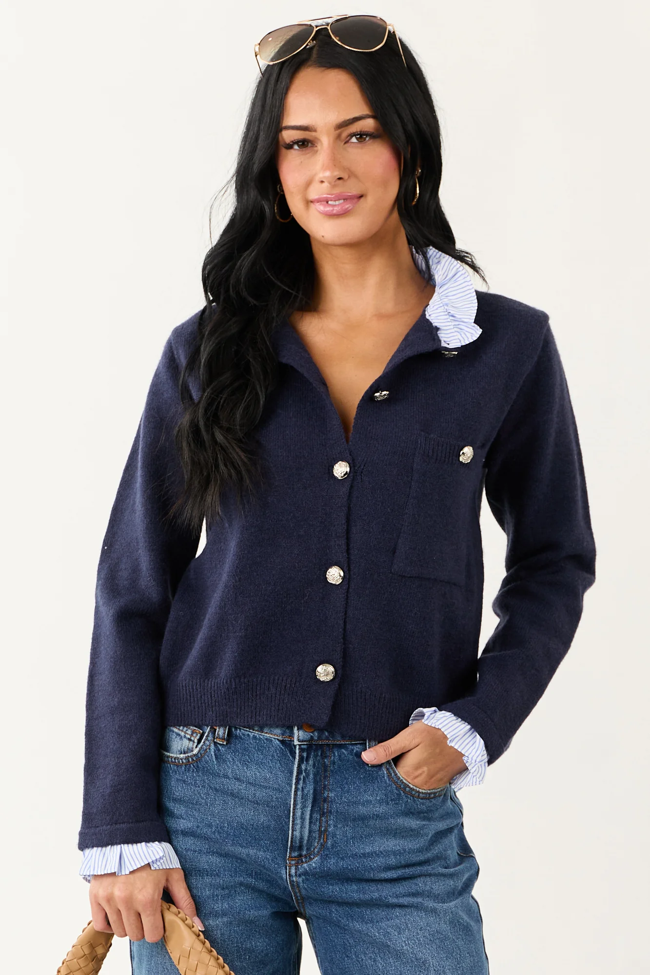 Navy Ruffle Button Down Cardigan - Soft & Sophisticated