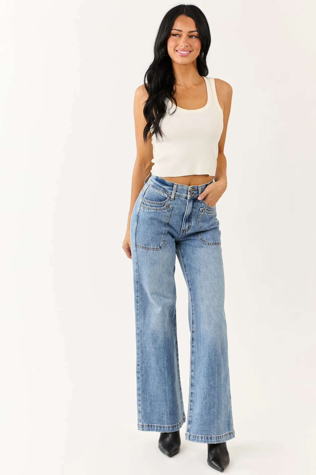 High Rise Tummy Control Wide Leg Blue Jeans