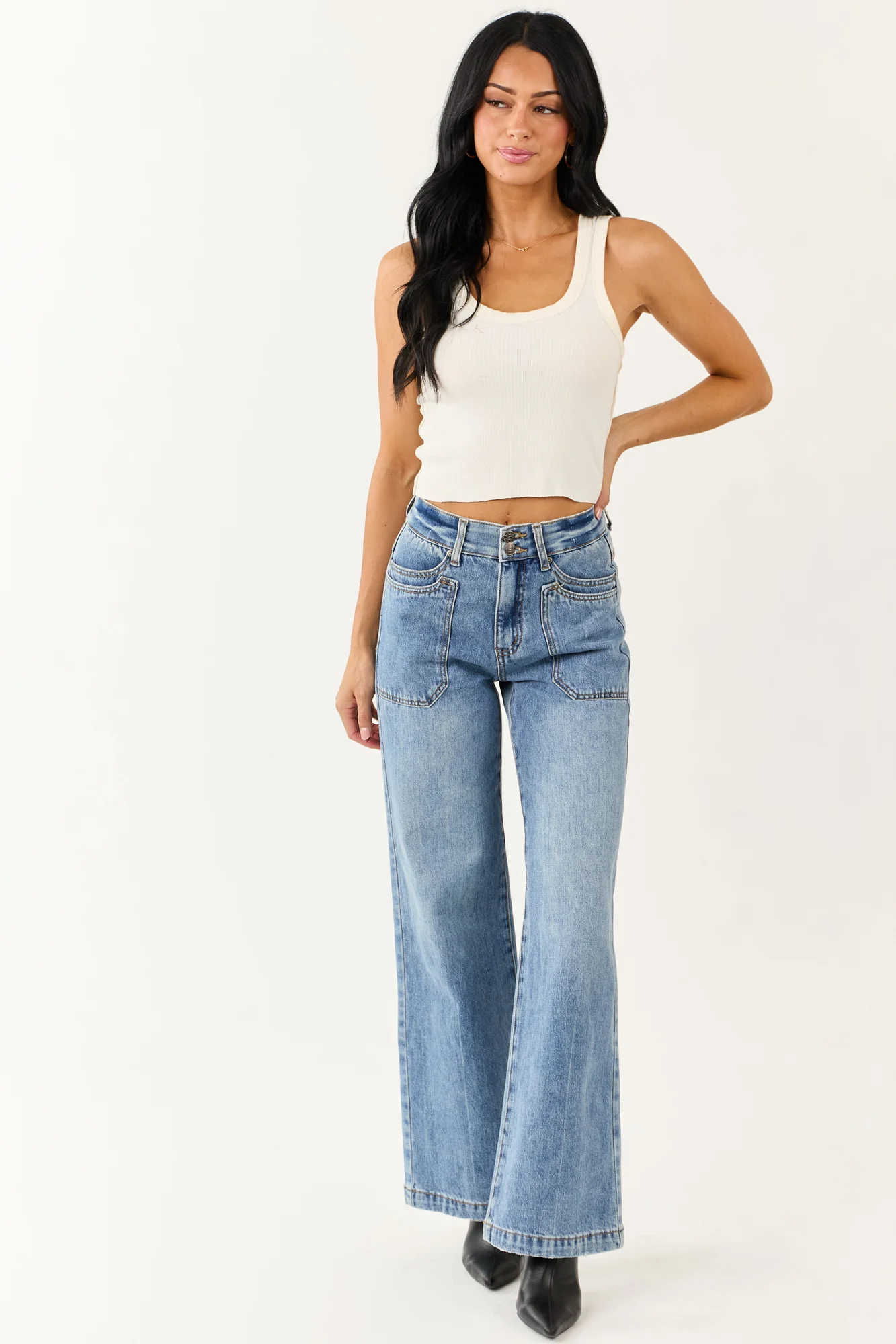 High Rise Tummy Control Wide Leg Blue Jeans