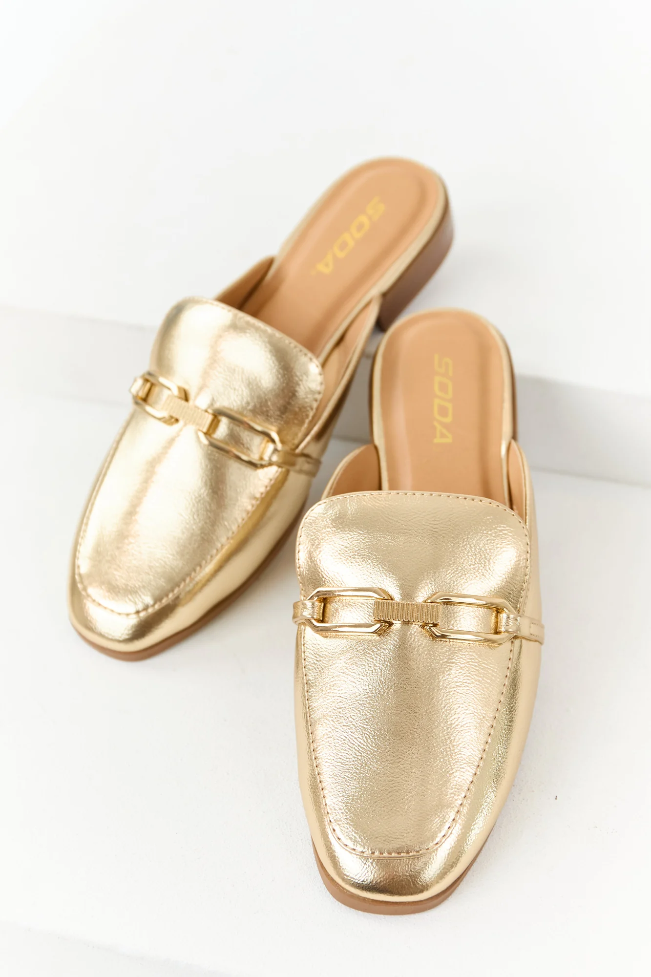 Gold Chain Link Mule Flats - Metallic Faux Leather Slip-On