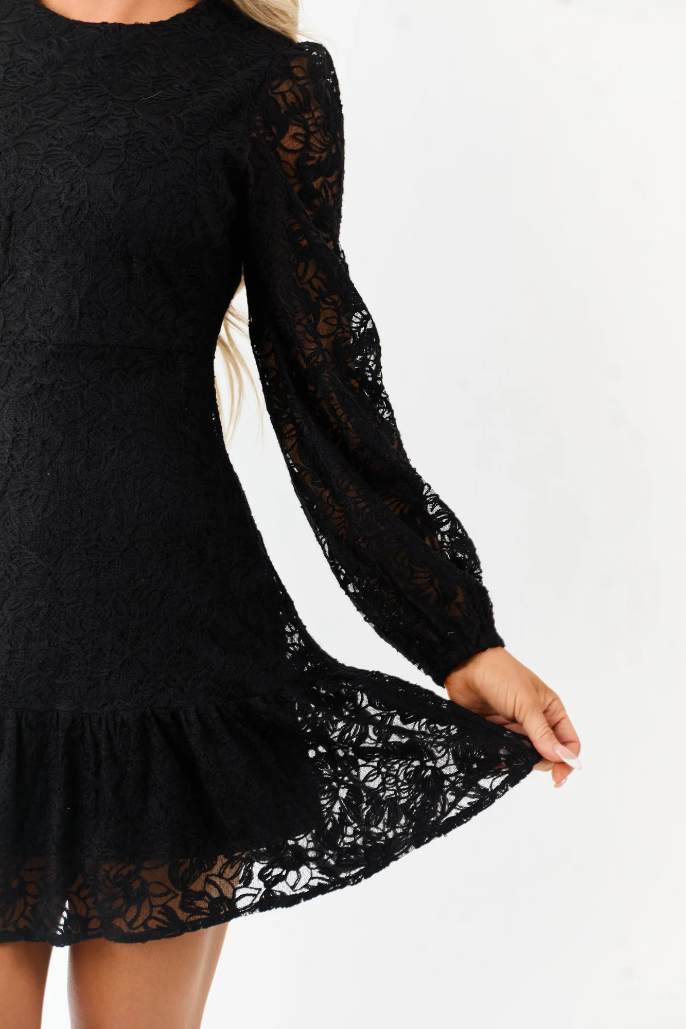 Floral Lace Sheer Sleeve Ruffle Hem Mini Dress - Black