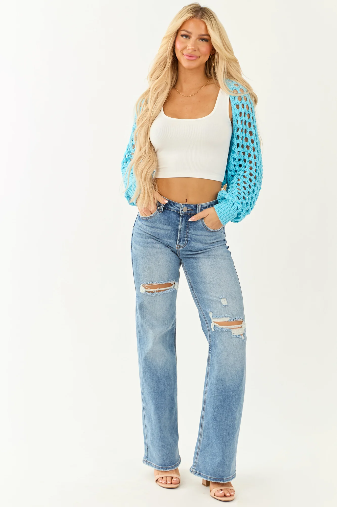 Baby Blue Crochet Knit Cardigan Sweater