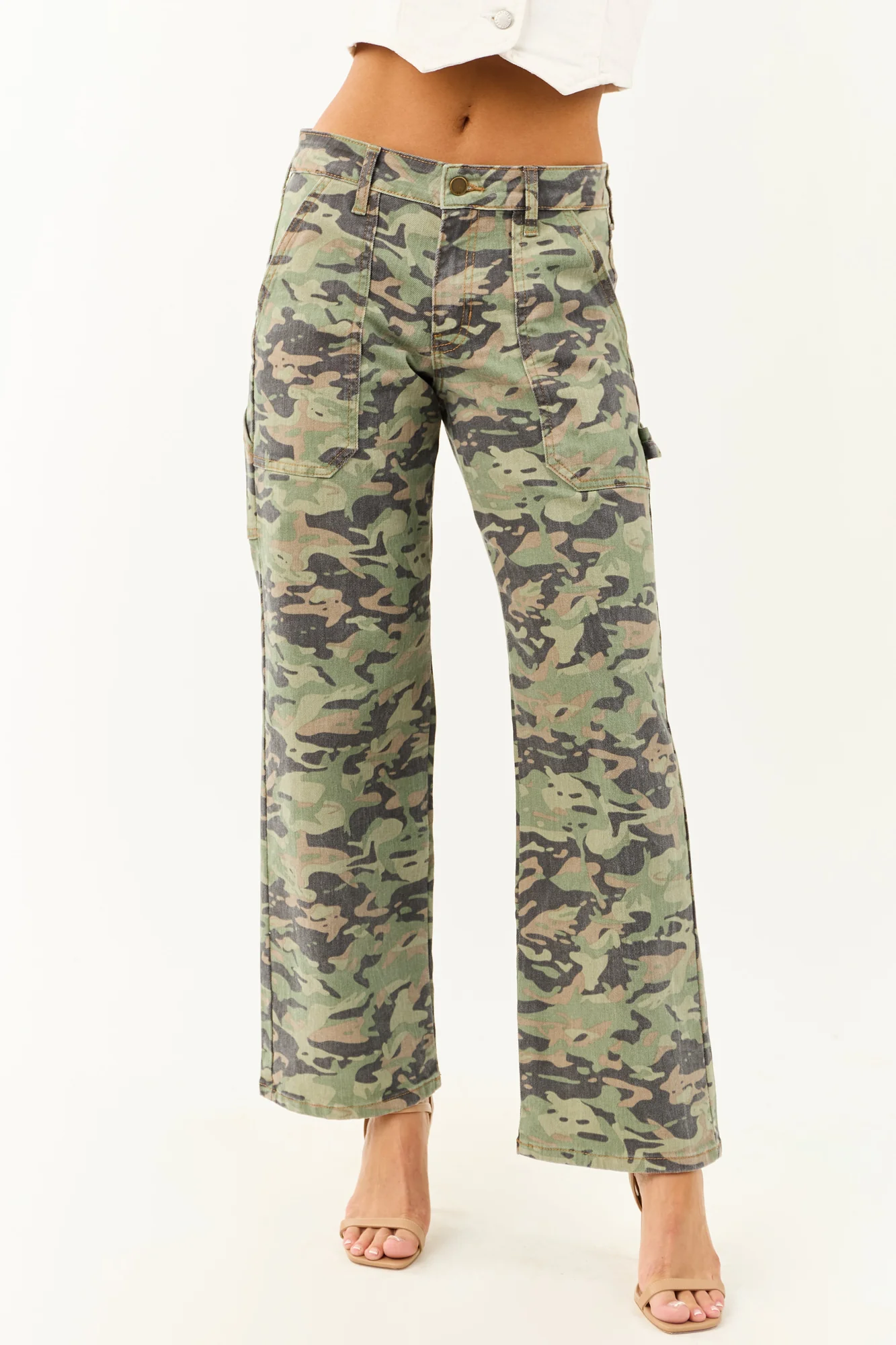 Camo High Rise Carpenter Style Jeans in Sage, Ash, and Latte