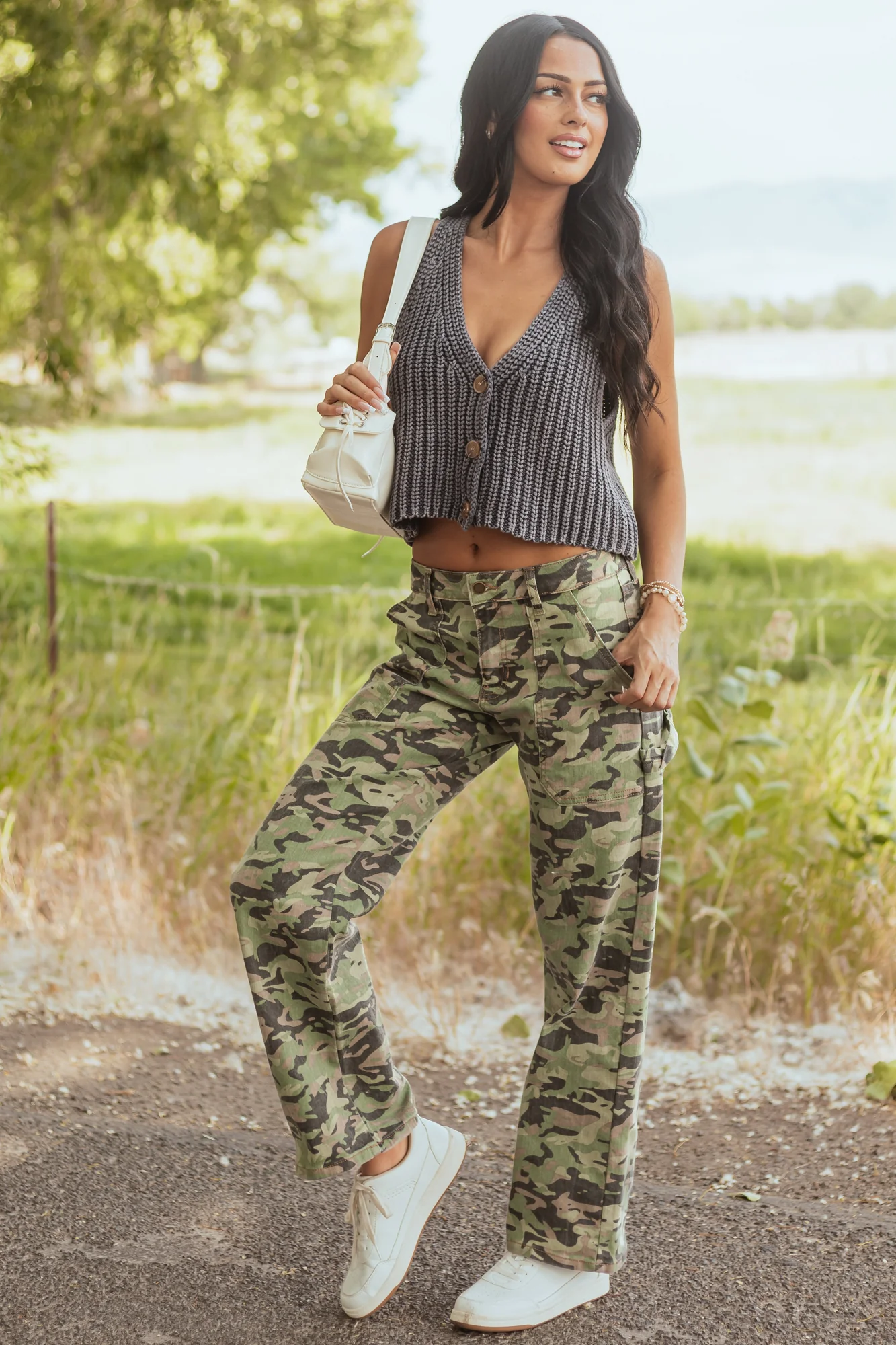 Camo High Rise Carpenter Style Jeans in Sage, Ash, and Latte