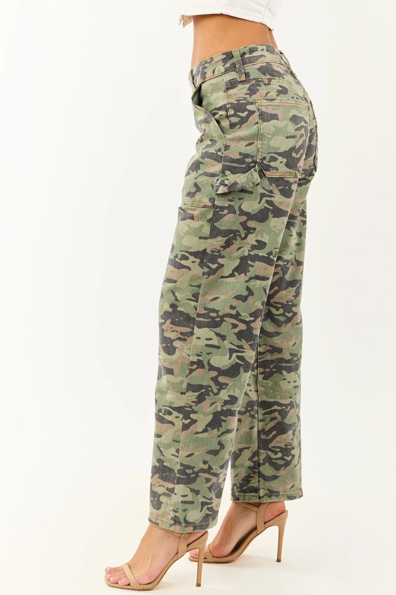 Camo High Rise Carpenter Style Jeans in Sage, Ash, and Latte