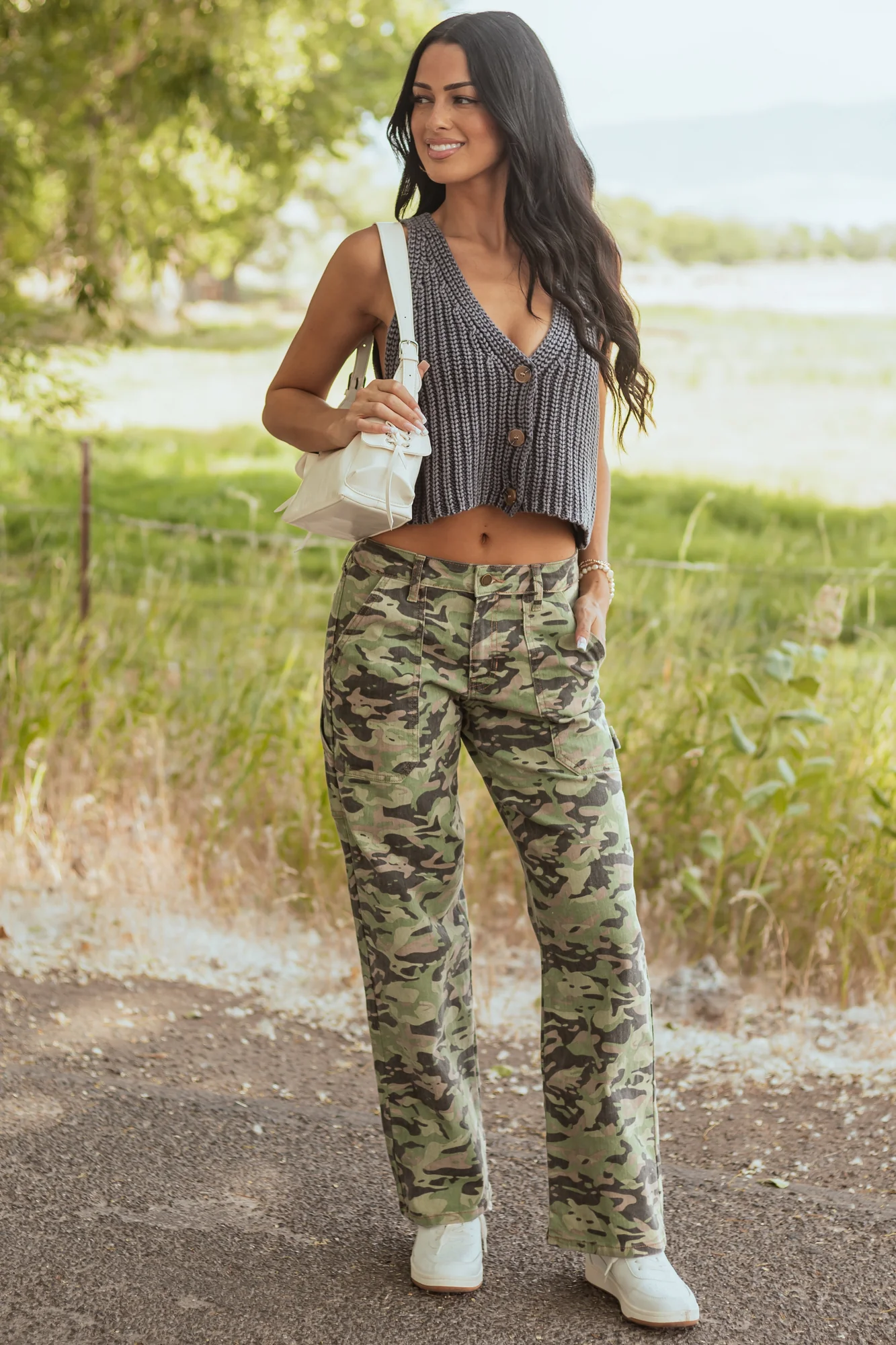 Camo High Rise Carpenter Style Jeans in Sage, Ash, and Latte