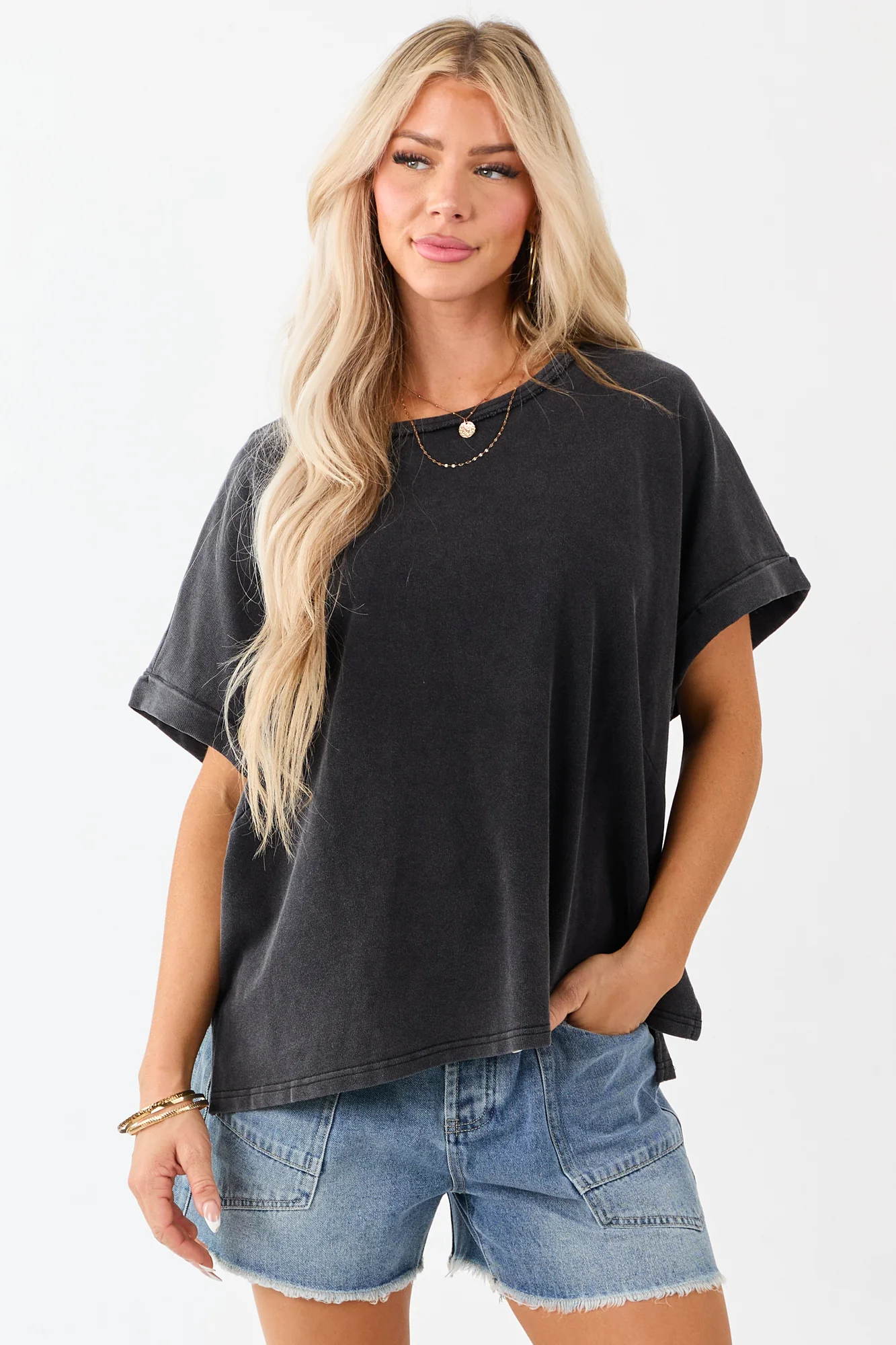 Charcoal Cotton Short Sleeve Oversized Top