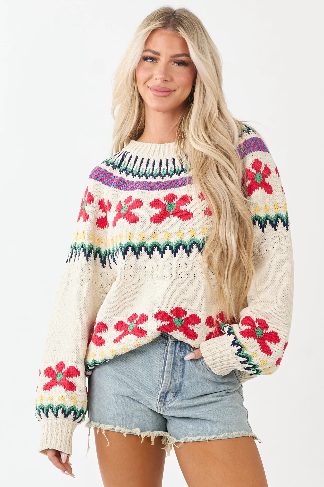 Cozy Nordic Floral Pattern Knit Sweater in Cream