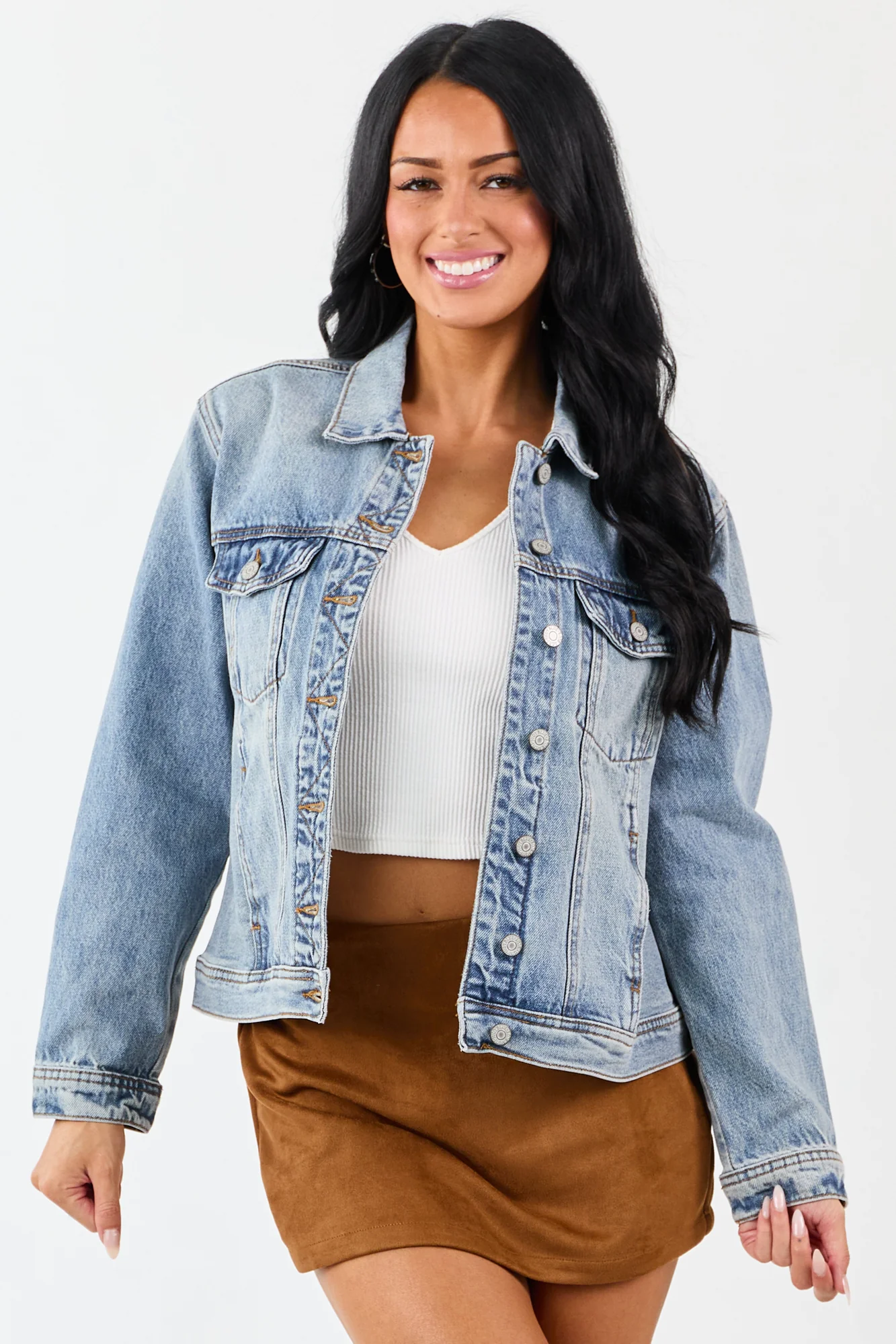 Medium Wash Button Up Denim Jacket for Women
