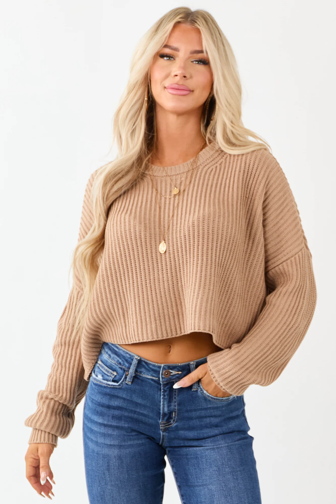 Brown Oversized Rib Knit Cropped Sweater