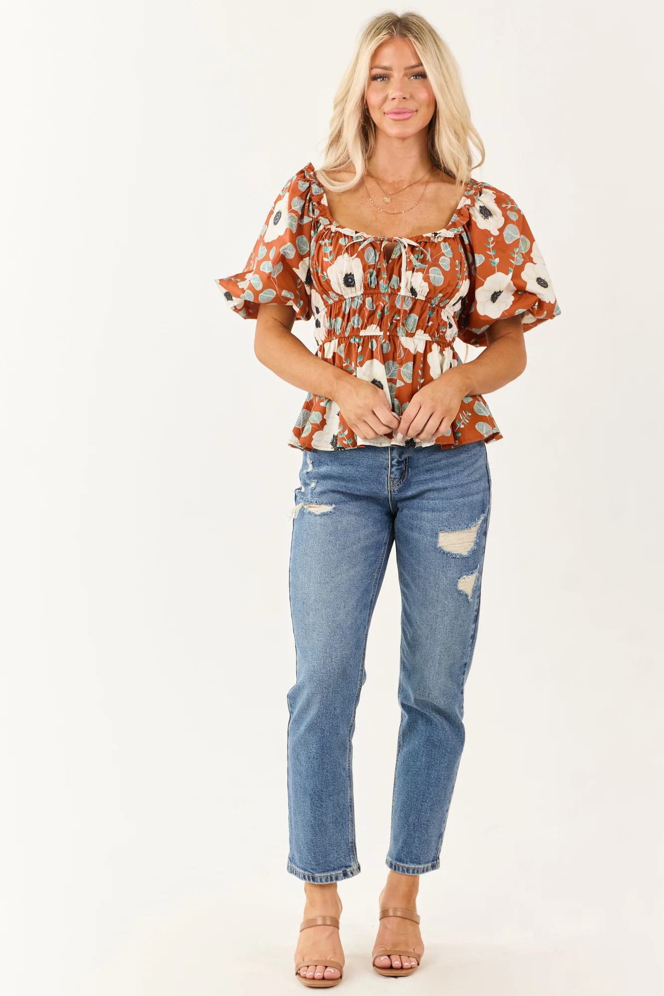 Floral Smocked Waist Cotton Top in Tawny