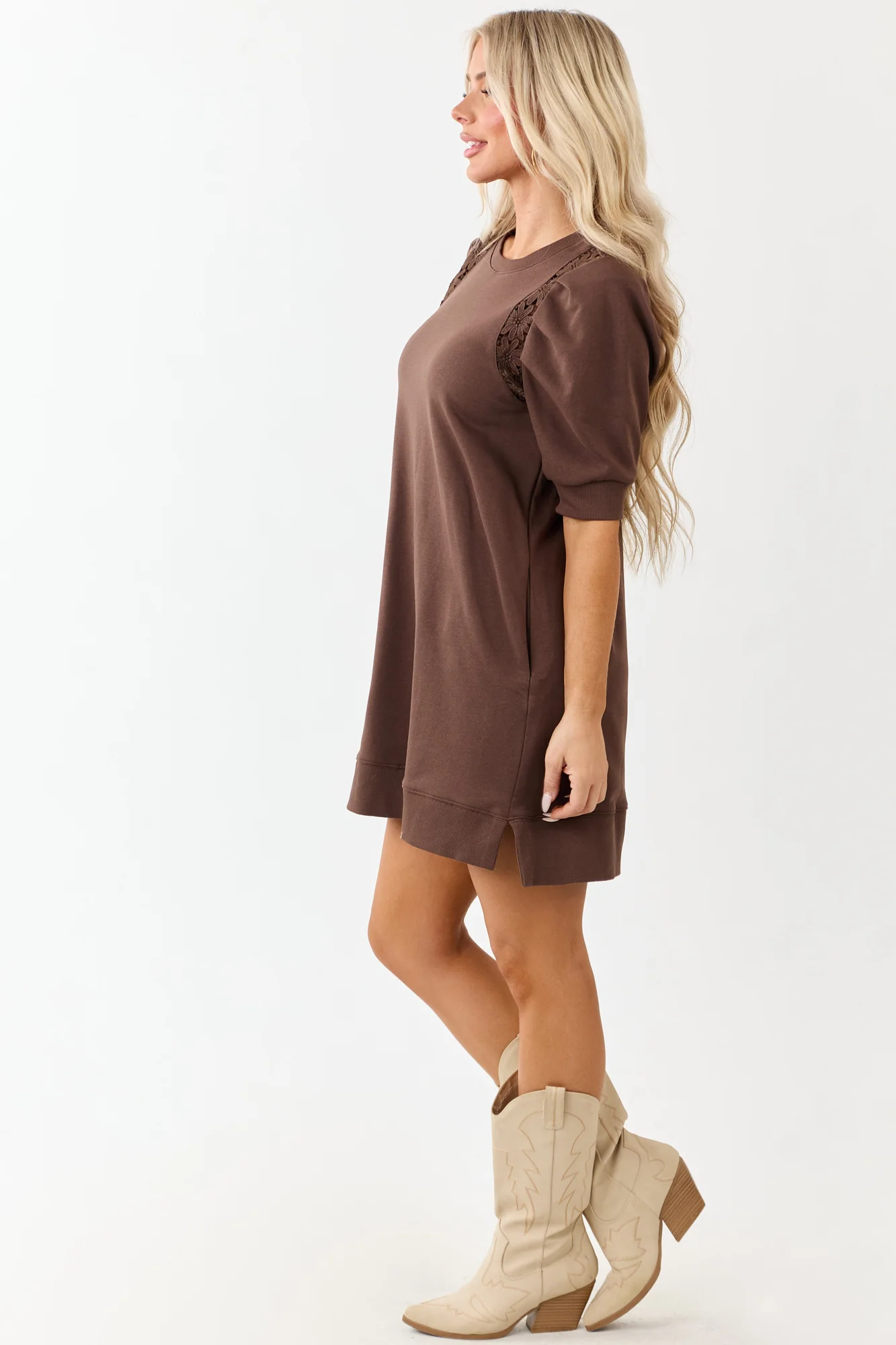 Brown Cotton Floral Lace Shift Mini Dress