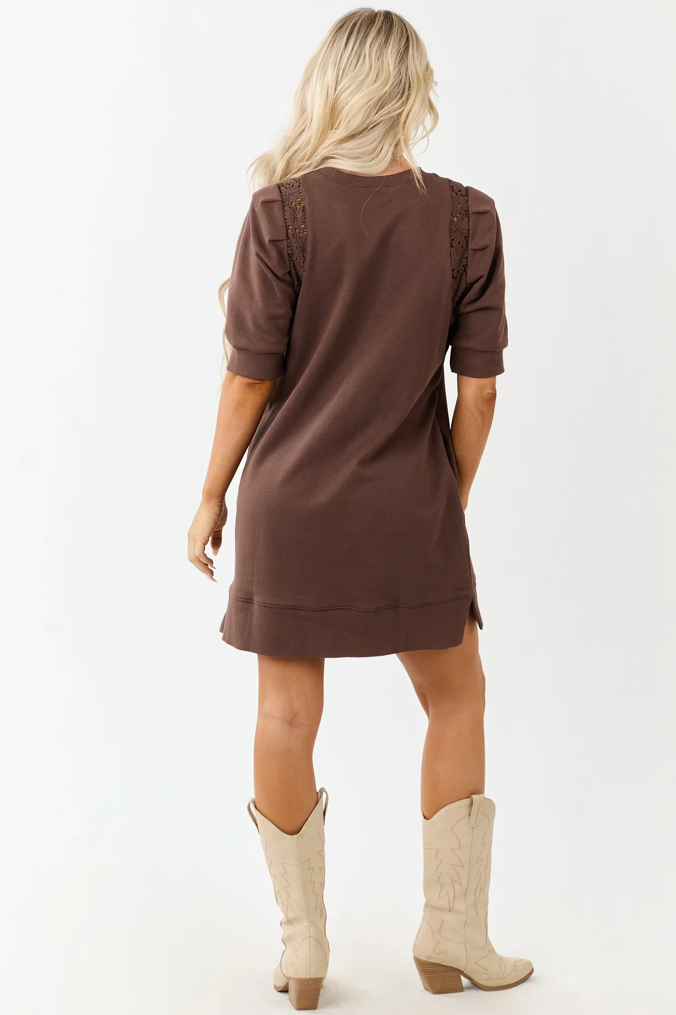 Brown Cotton Floral Lace Shift Mini Dress