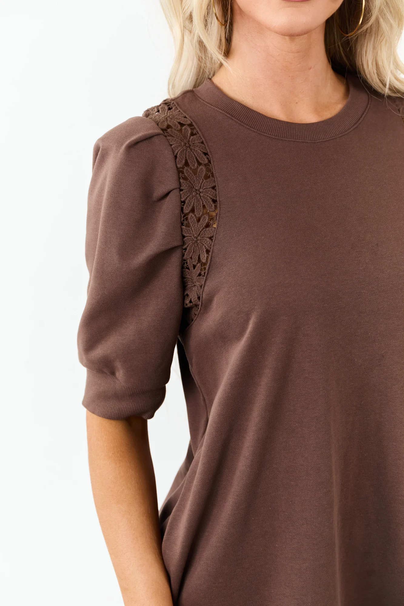 Brown Cotton Floral Lace Shift Mini Dress