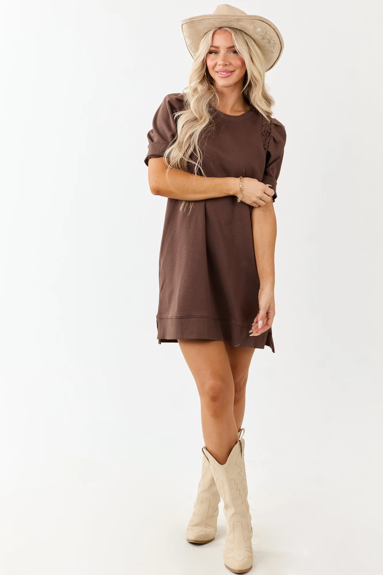 Brown Cotton Floral Lace Shift Mini Dress