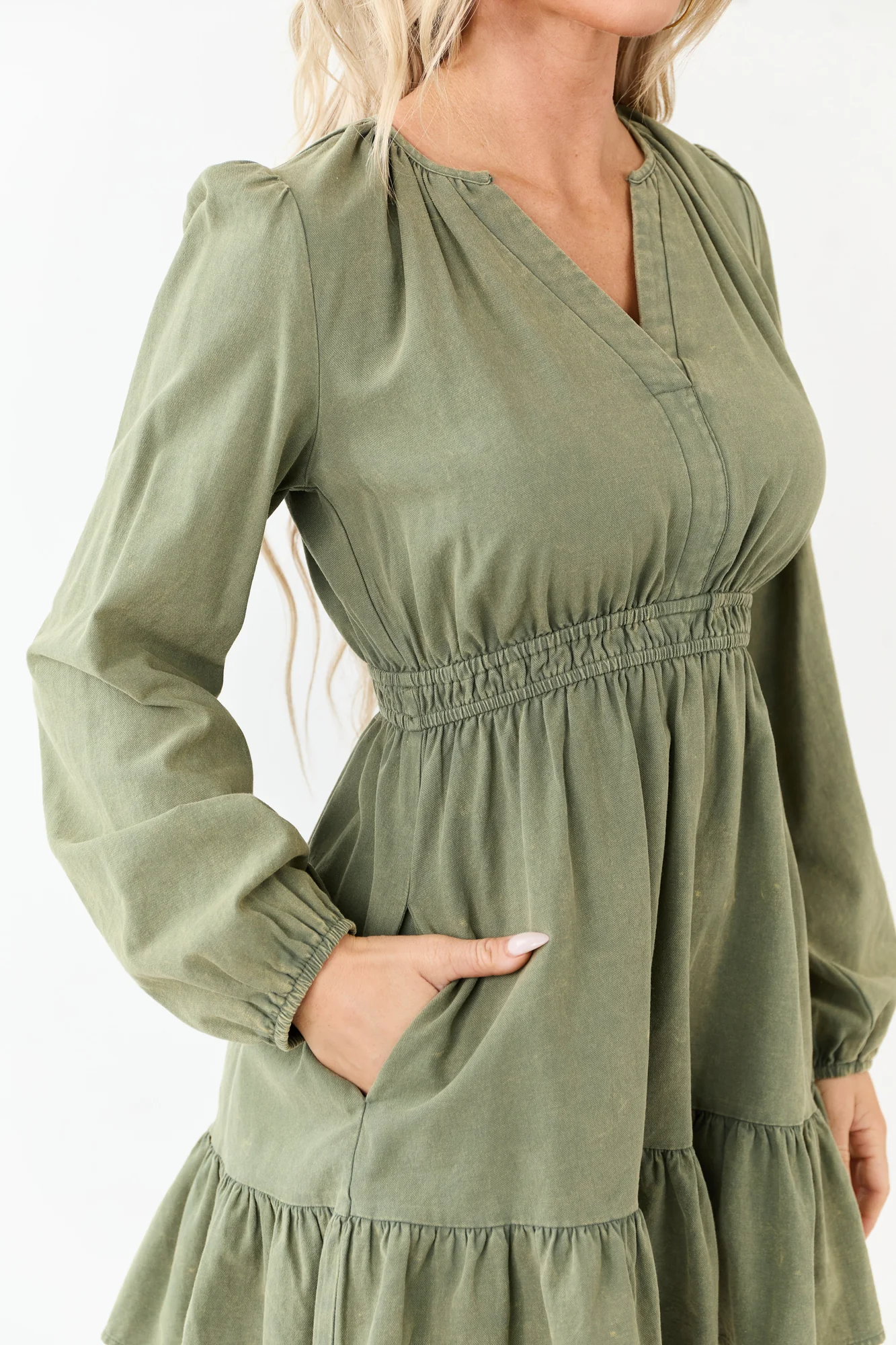 Olive Cotton Ruffle Hem Mini Dress
