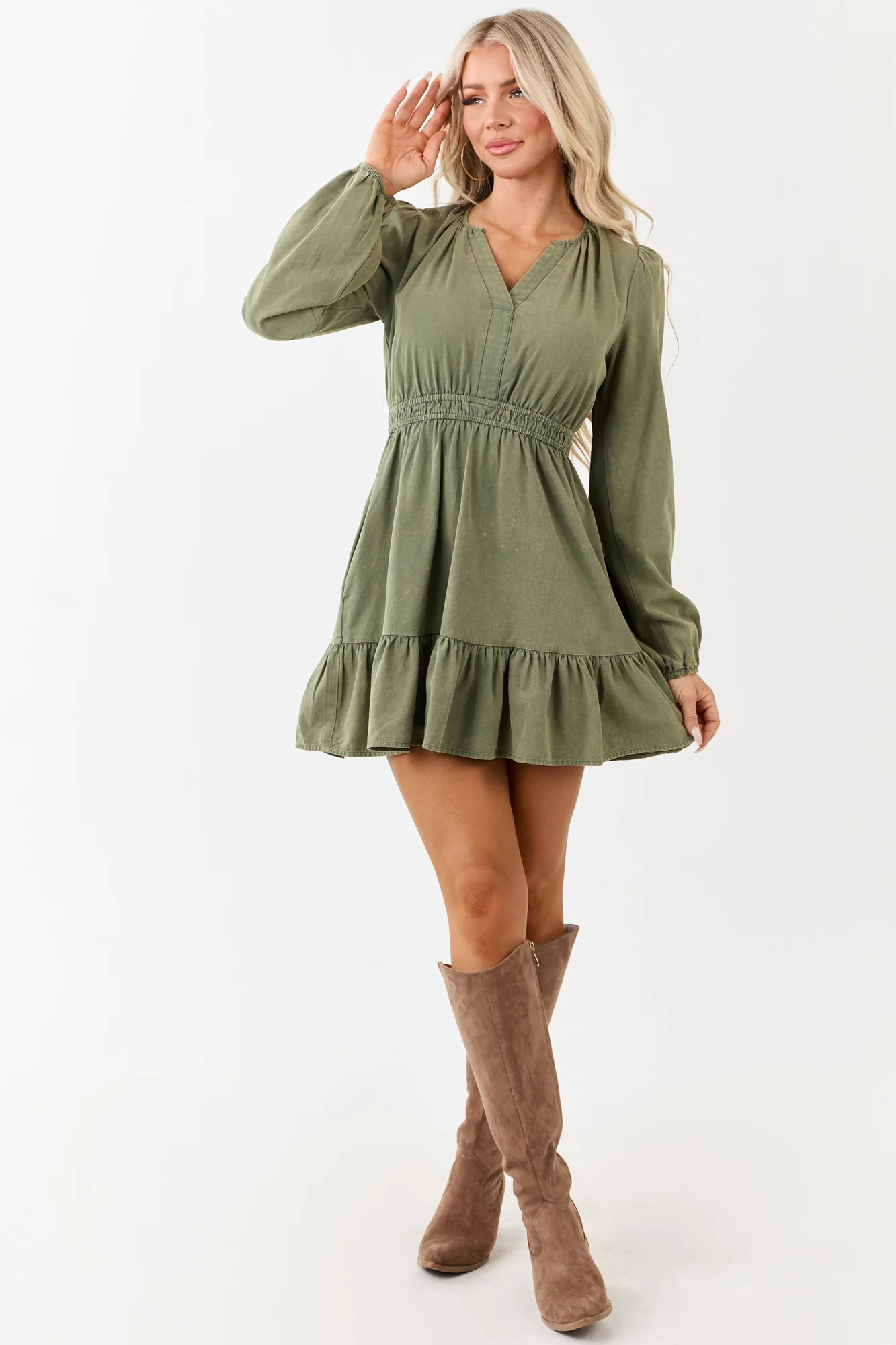 Olive Cotton Ruffle Hem Mini Dress
