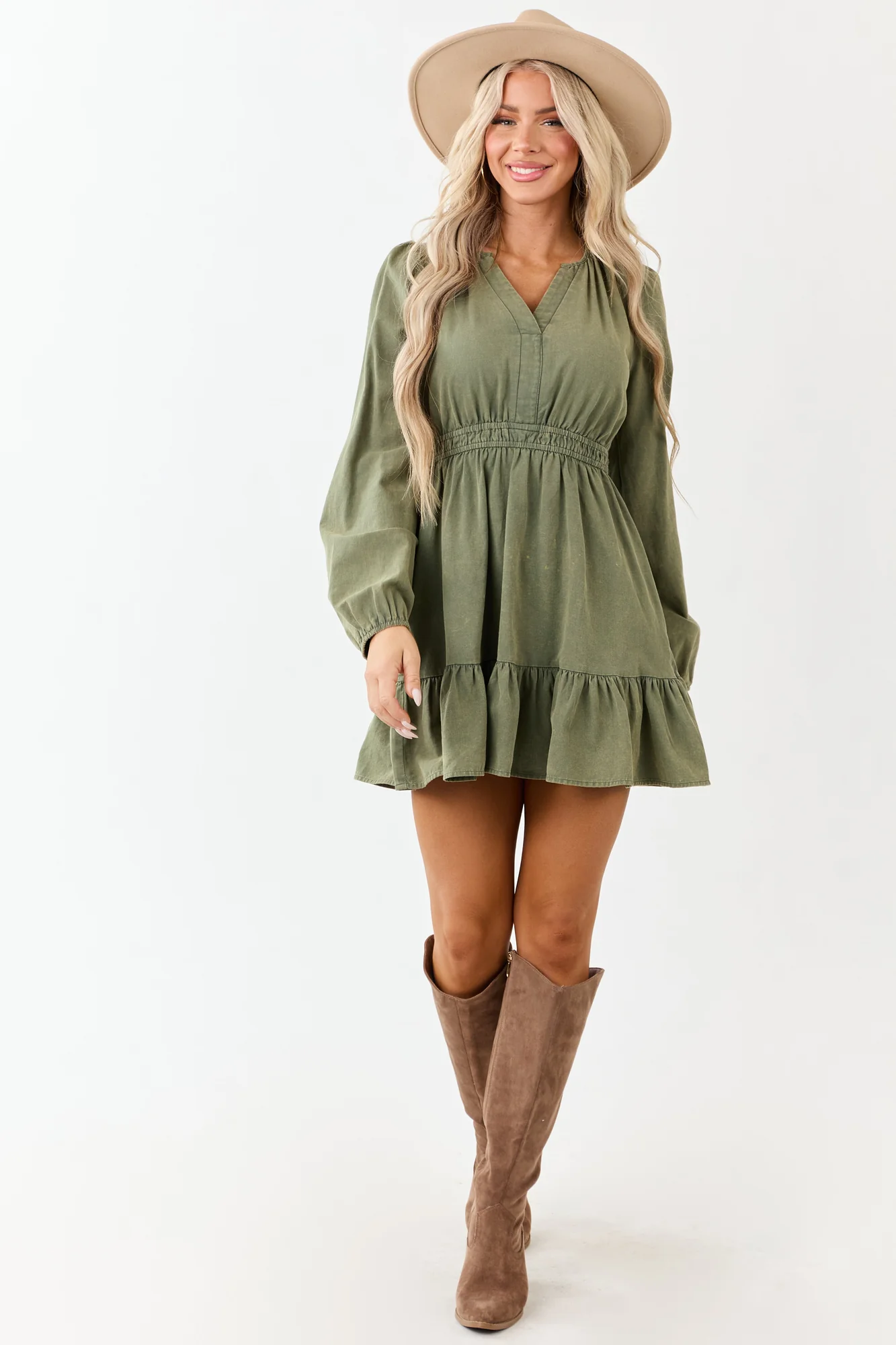 Olive Cotton Ruffle Hem Mini Dress