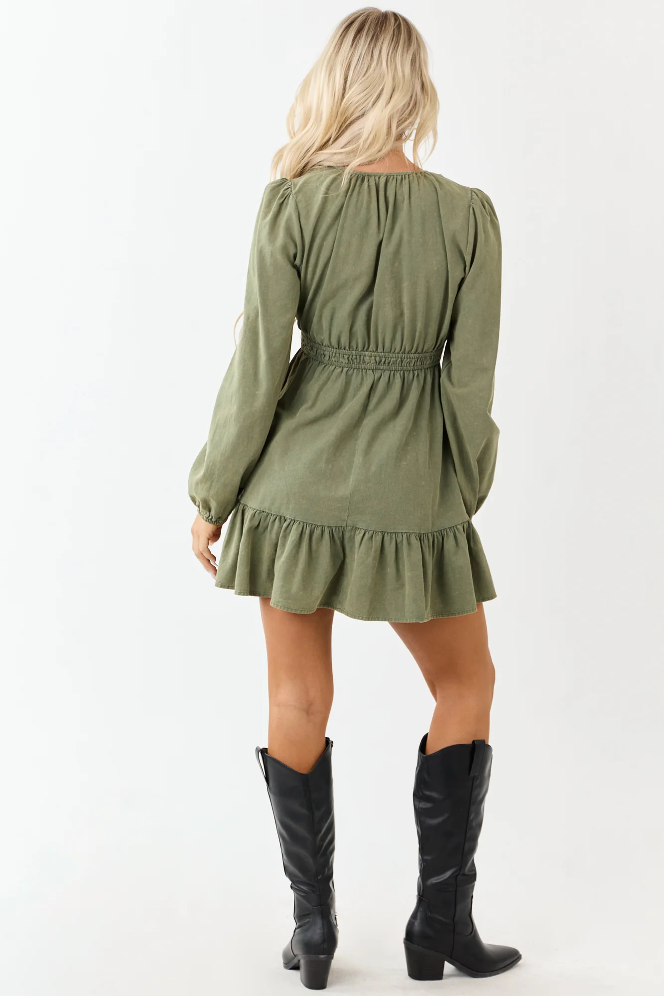 Olive Cotton Ruffle Hem Mini Dress