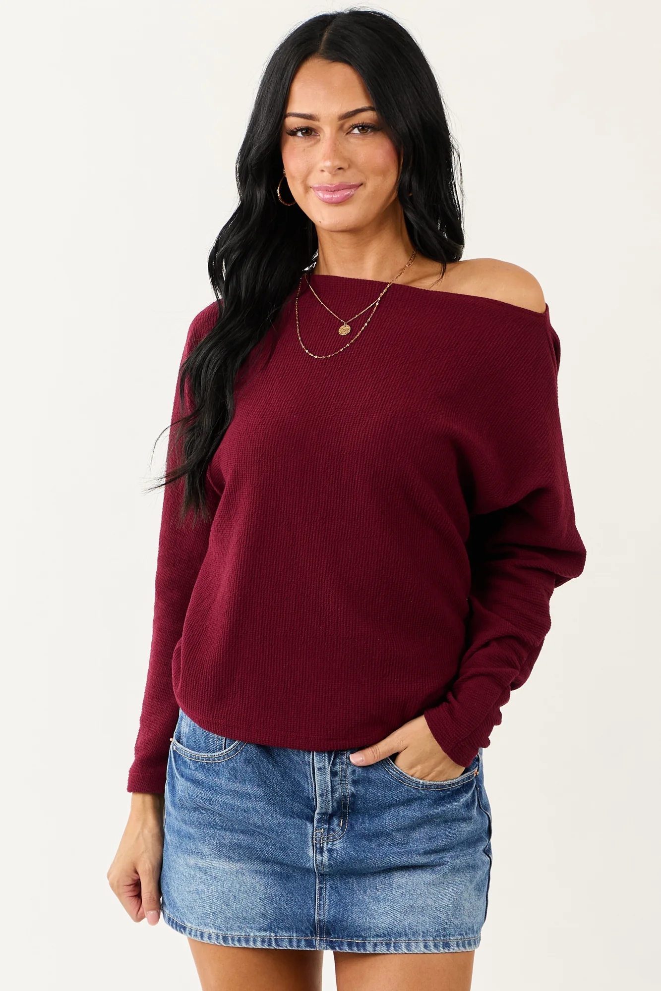 Red Boat Neck Knit Womens Long Sleeve Top
