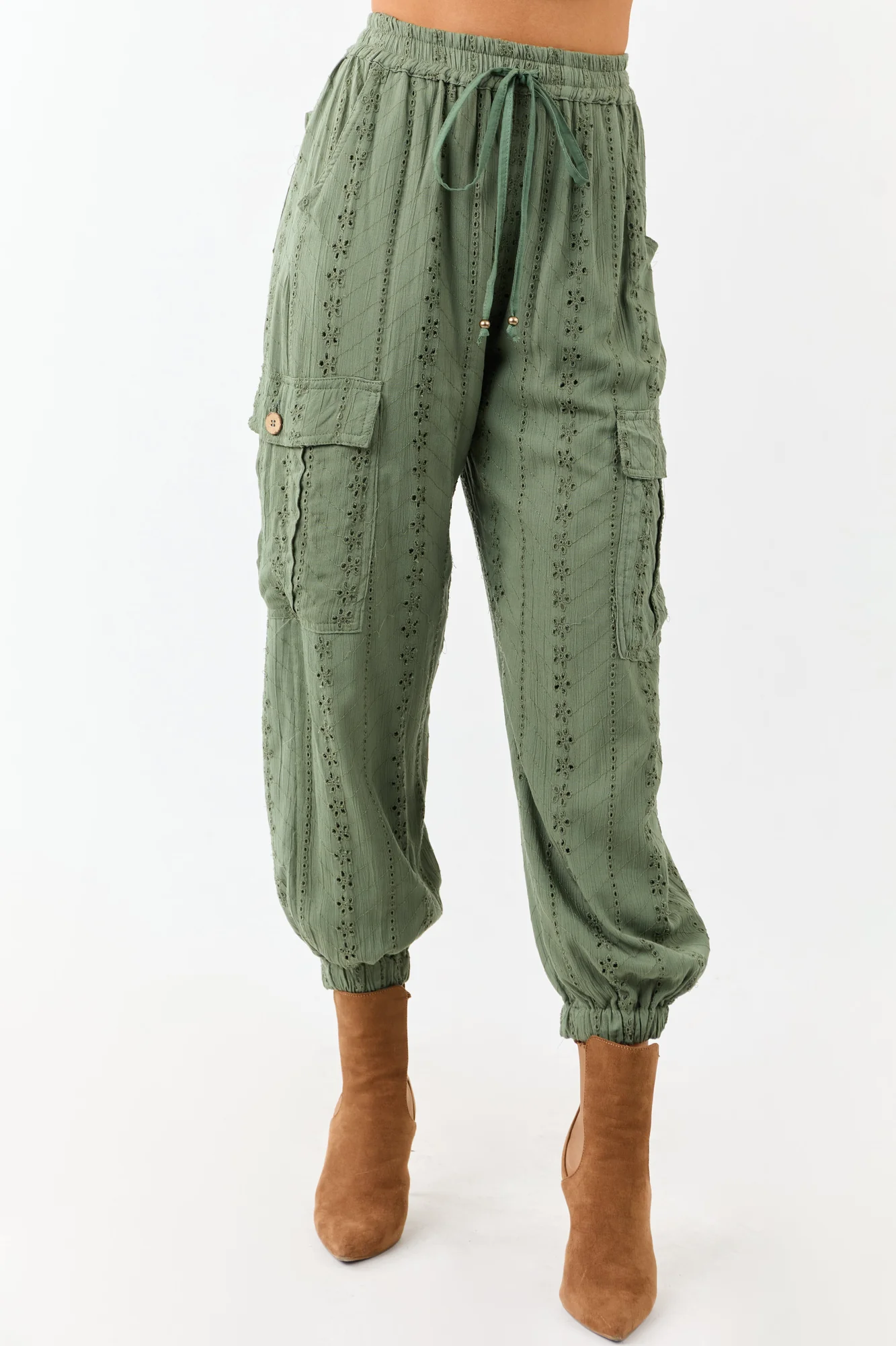Green Eyelet Cargo Drawstring Pants - Lightweight Utility Style