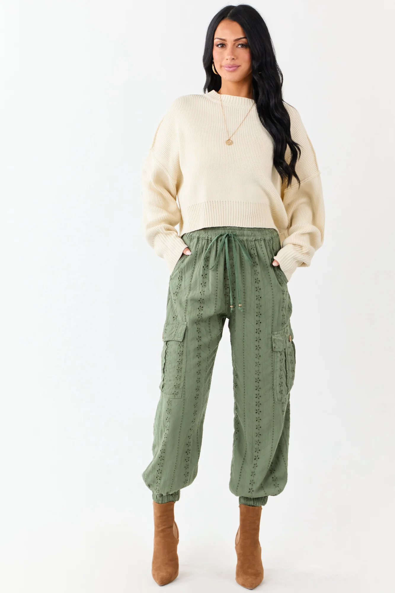Green Eyelet Cargo Drawstring Pants - Lightweight Utility Style