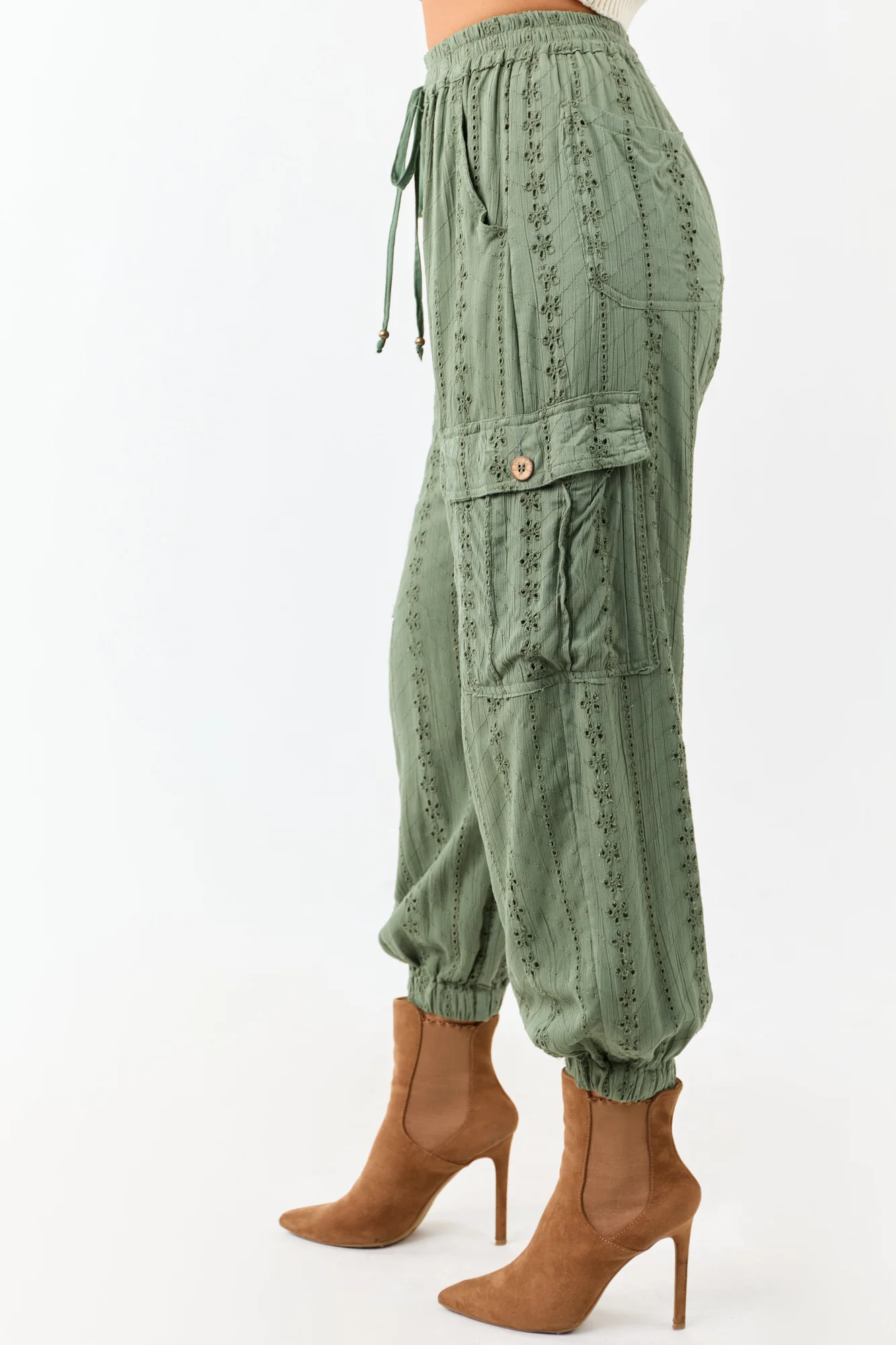 Green Eyelet Cargo Drawstring Pants - Lightweight Utility Style