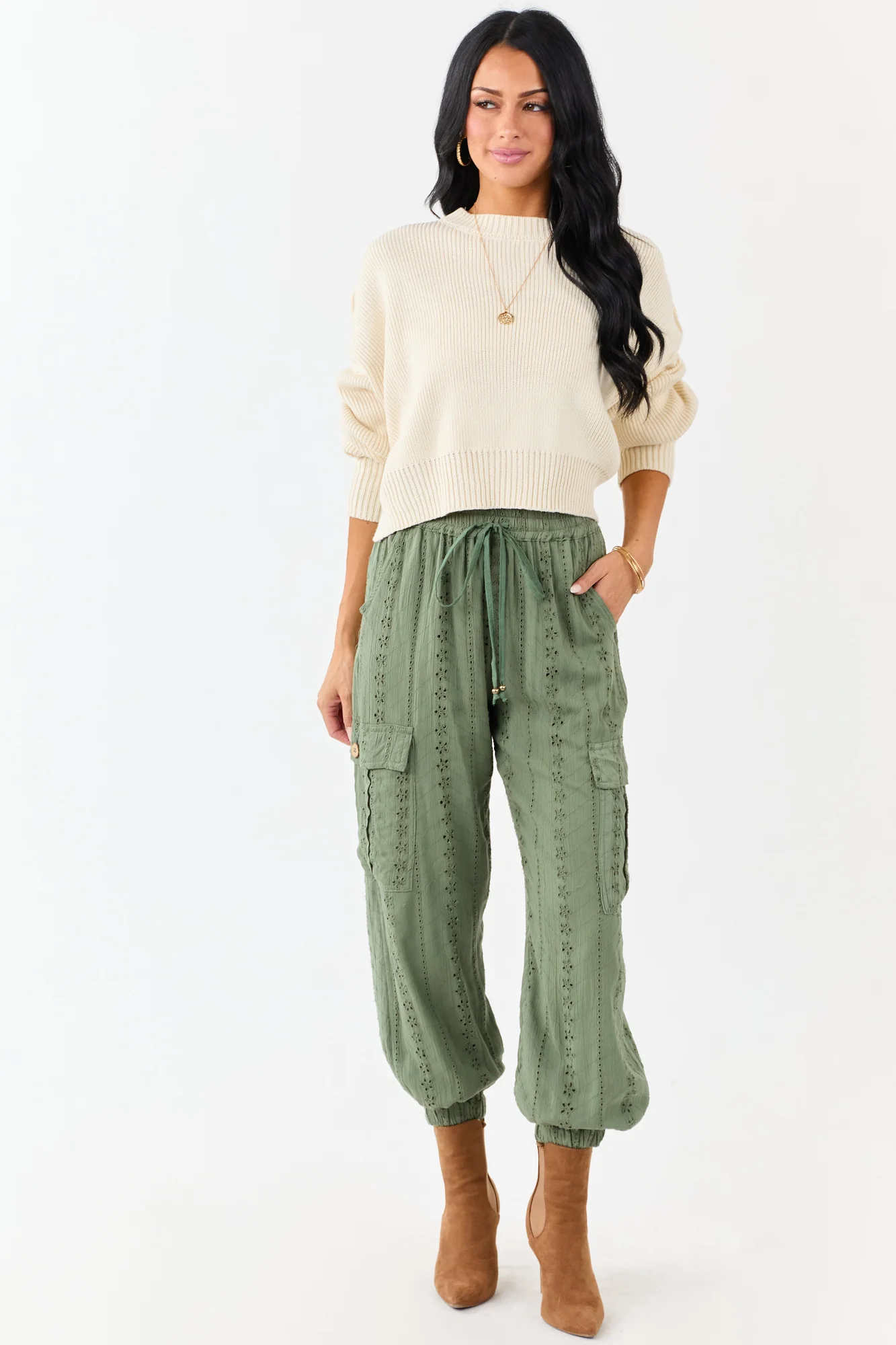 Green Eyelet Cargo Drawstring Pants - Lightweight Utility Style