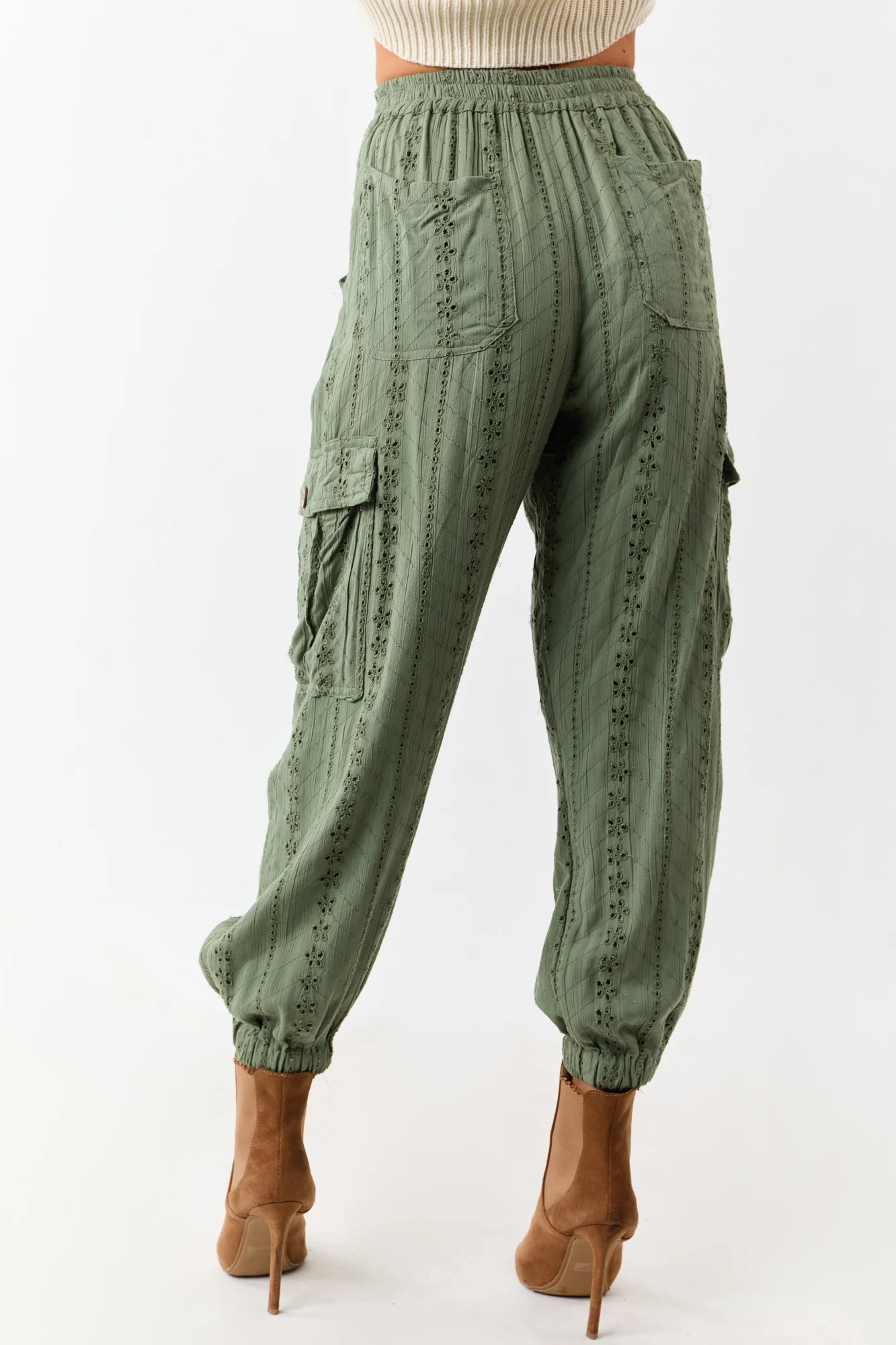 Green Eyelet Cargo Drawstring Pants - Lightweight Utility Style