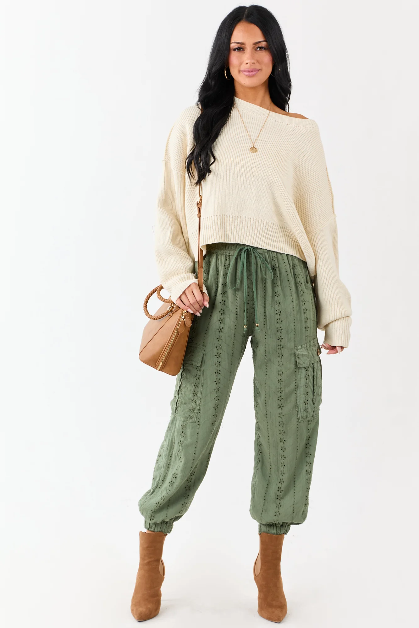 Green Eyelet Cargo Drawstring Pants - Lightweight Utility Style