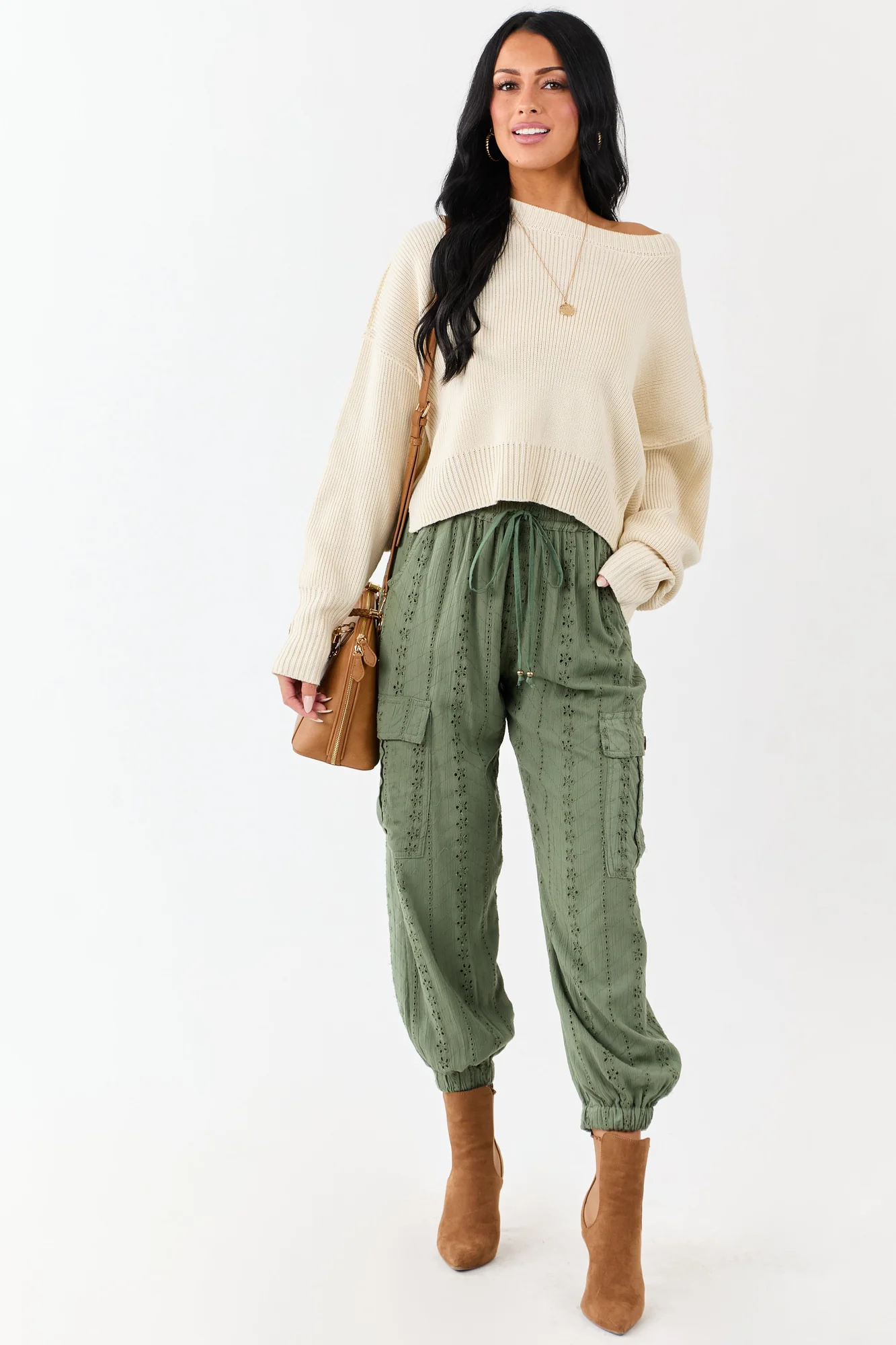 Green Eyelet Cargo Drawstring Pants - Lightweight Utility Style