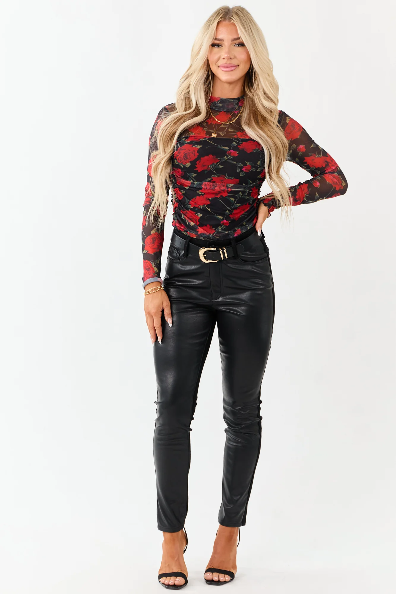 Mesh Ruched Rose Floral Bodysuit - Black Mock Neck Style