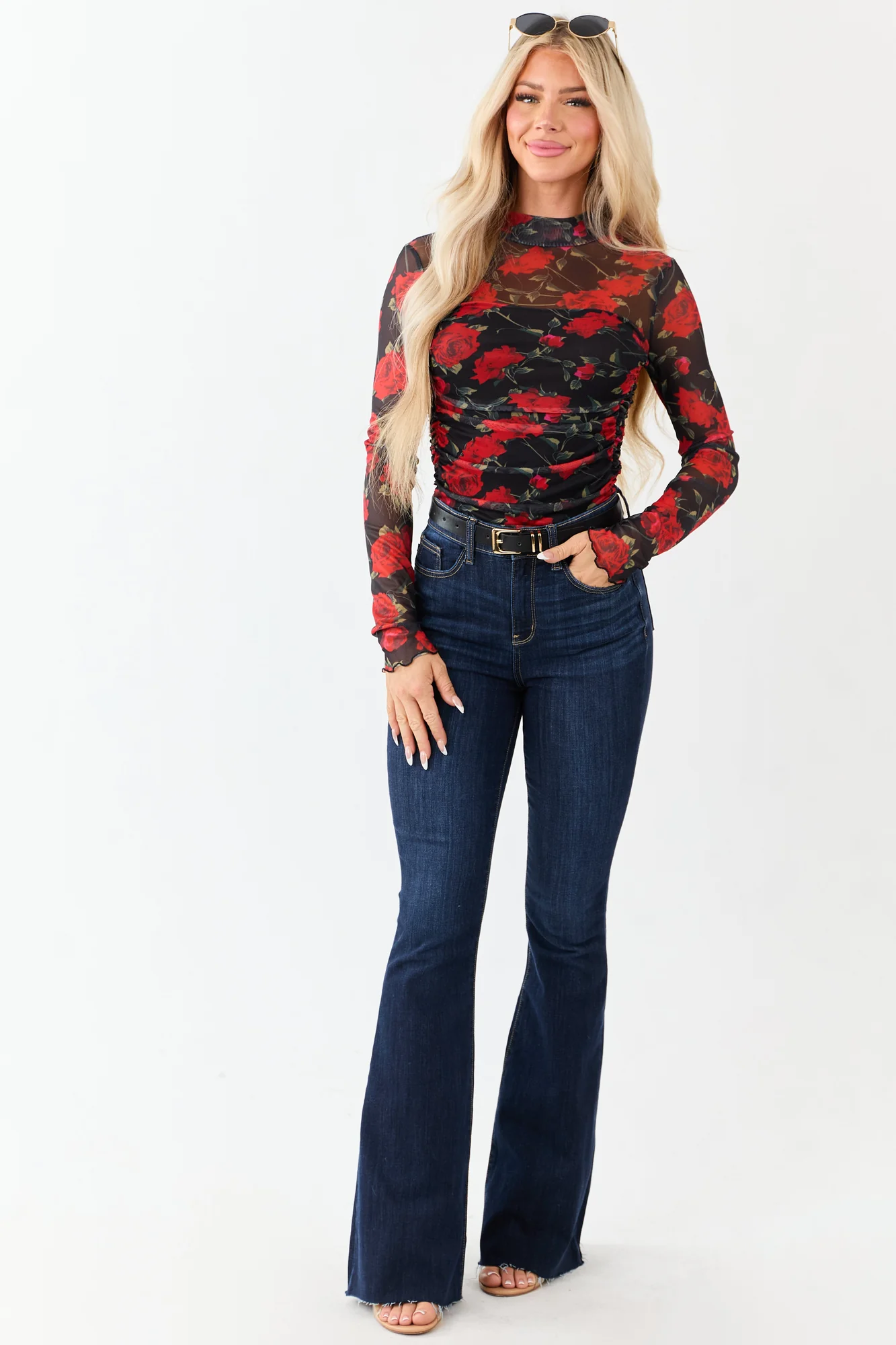 Mesh Ruched Rose Floral Bodysuit - Black Mock Neck Style