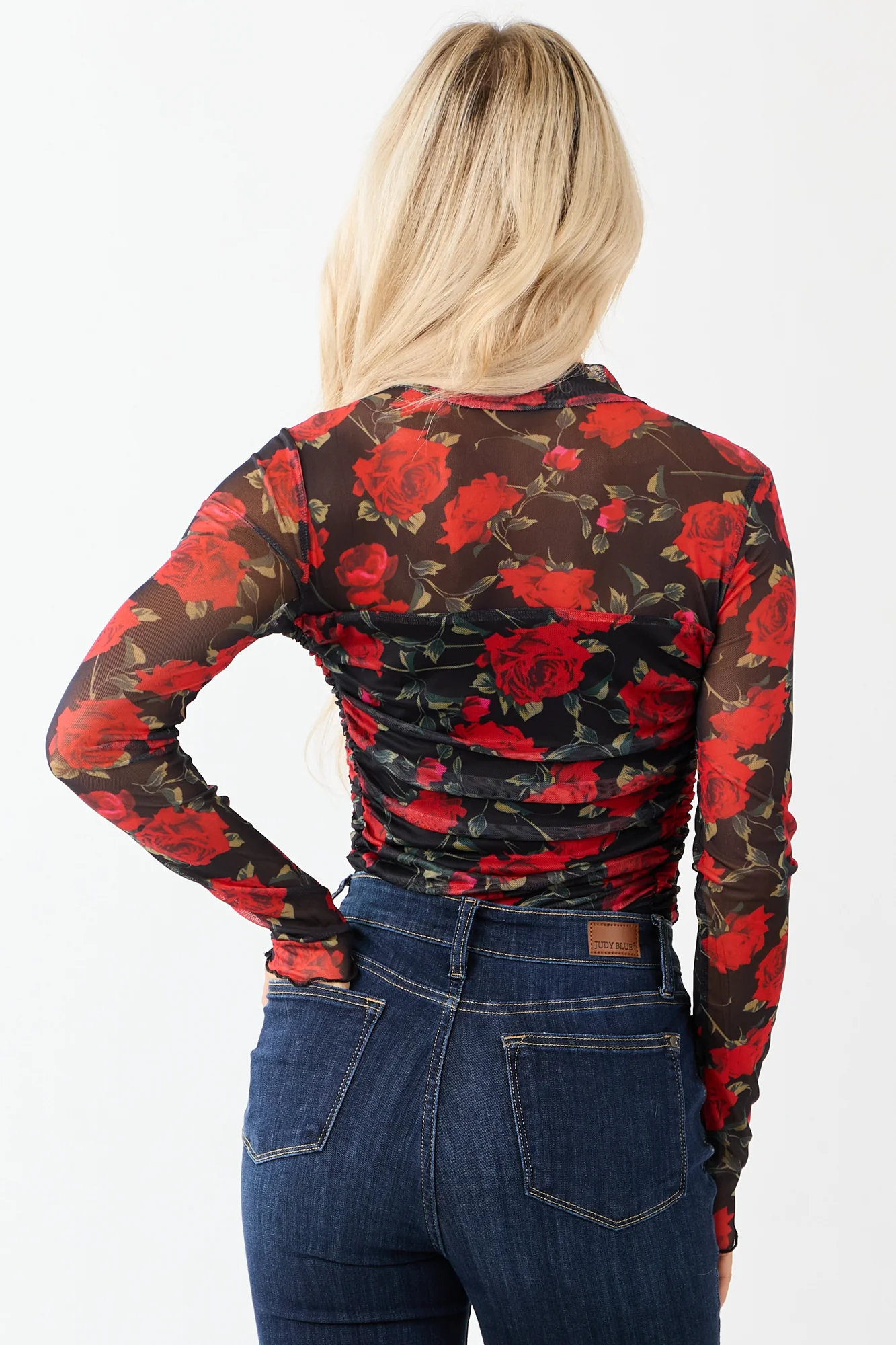 Mesh Ruched Rose Floral Bodysuit - Black Mock Neck Style