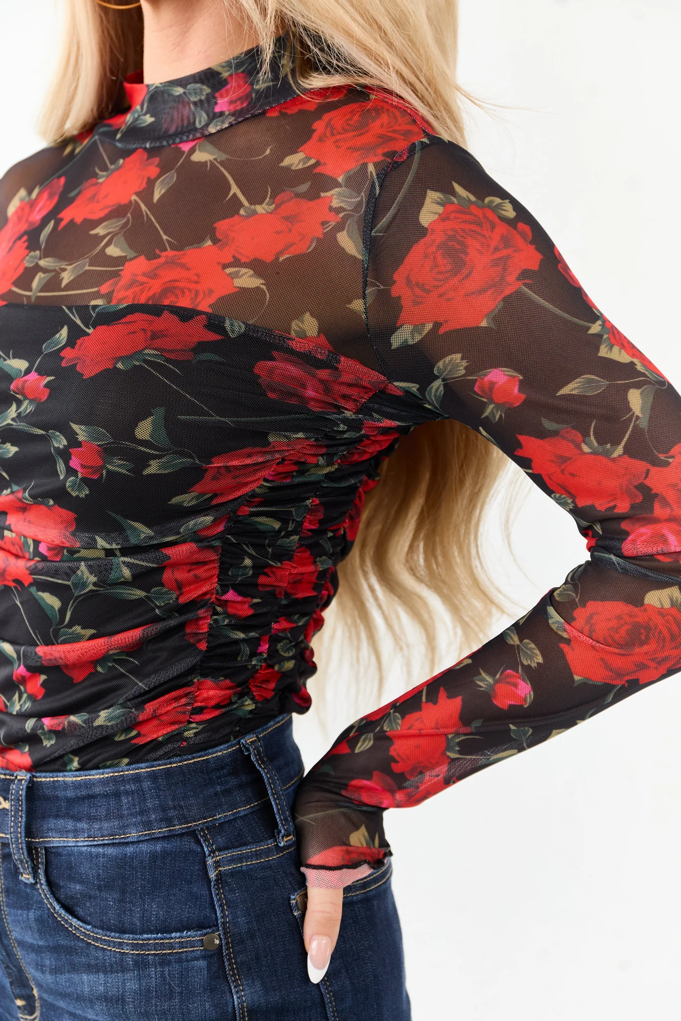 Mesh Ruched Rose Floral Bodysuit - Black Mock Neck Style