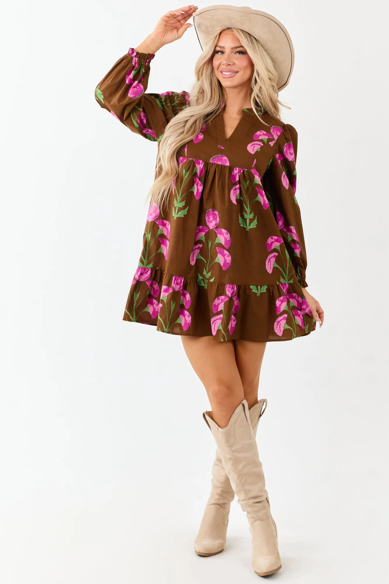 Floral Cotton Tent Mini Dress Long Sleeves Sepia Print