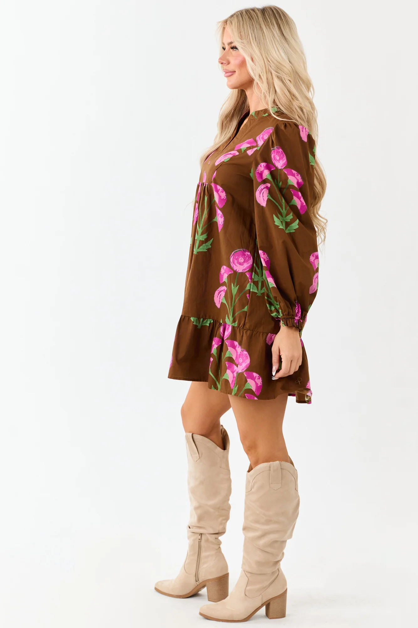 Floral Cotton Tent Mini Dress Long Sleeves Sepia Print
