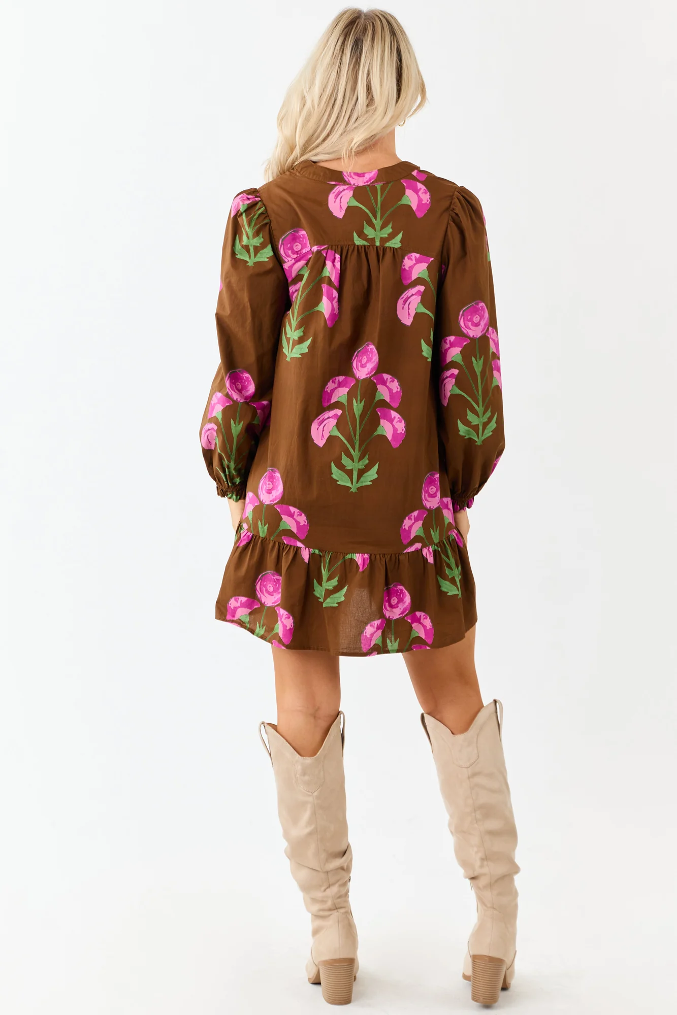 Floral Cotton Tent Mini Dress Long Sleeves Sepia Print