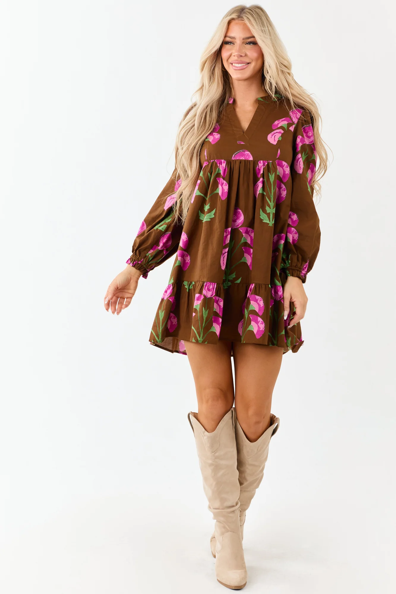 Floral Cotton Tent Mini Dress Long Sleeves Sepia Print