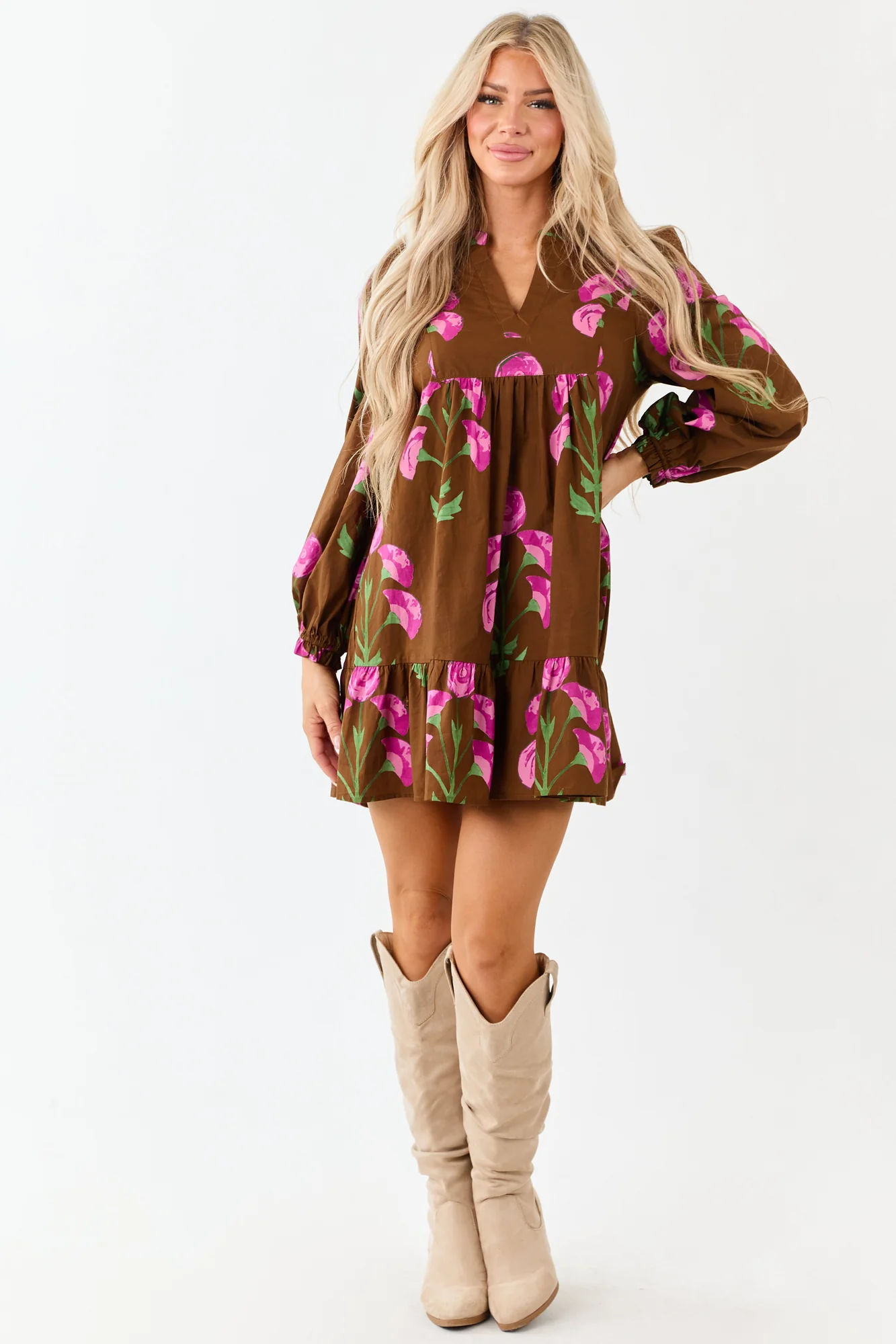 Floral Cotton Tent Mini Dress Long Sleeves Sepia Print