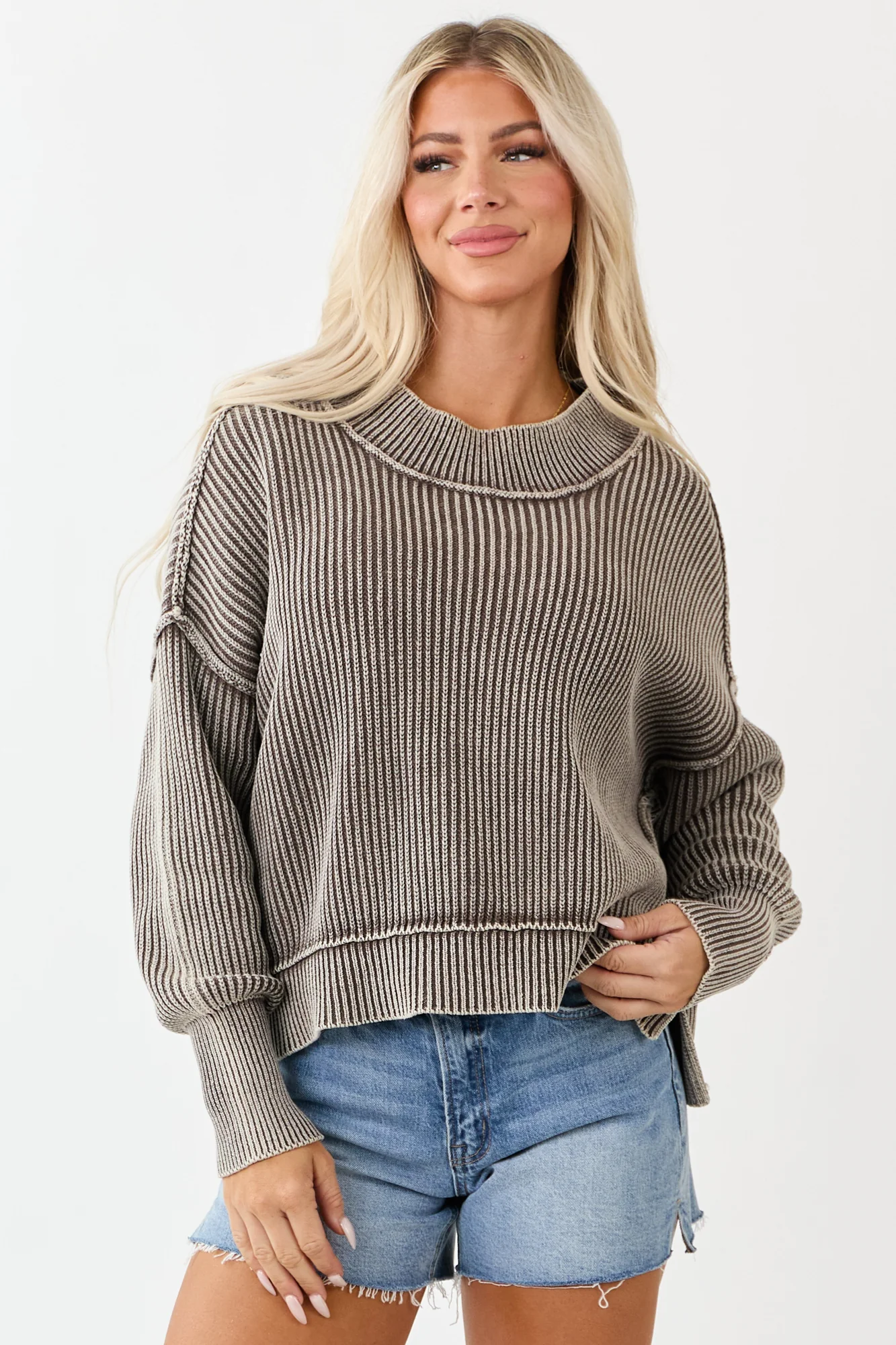 Brown Cotton Ribbed Knit Sweater - Cozy & Oversized
