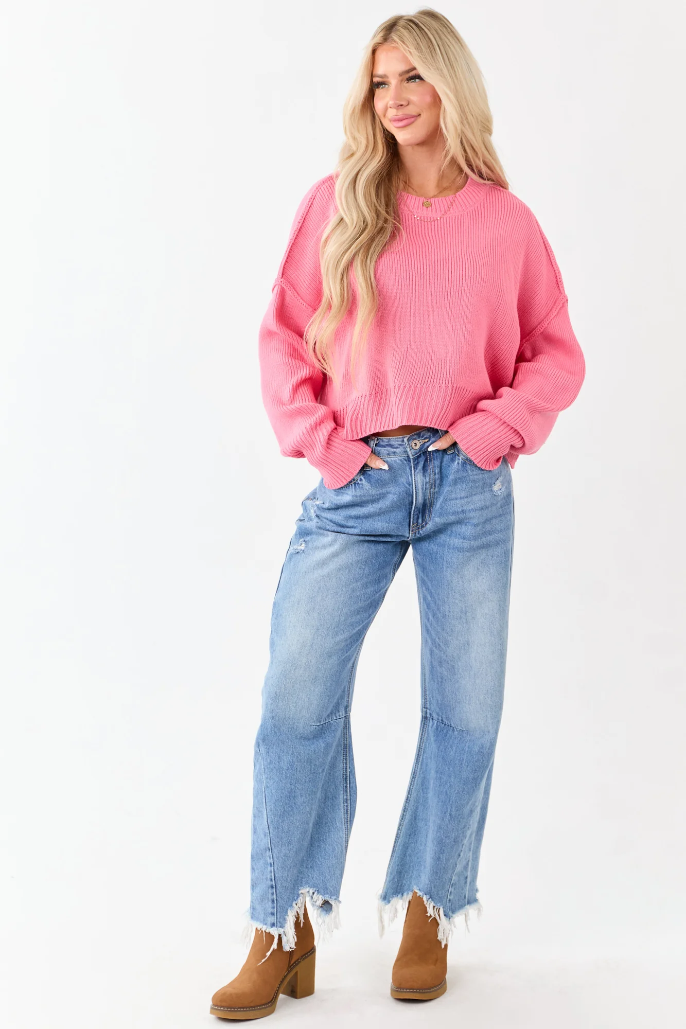 Pink Rib Knit Cropped Sweater
