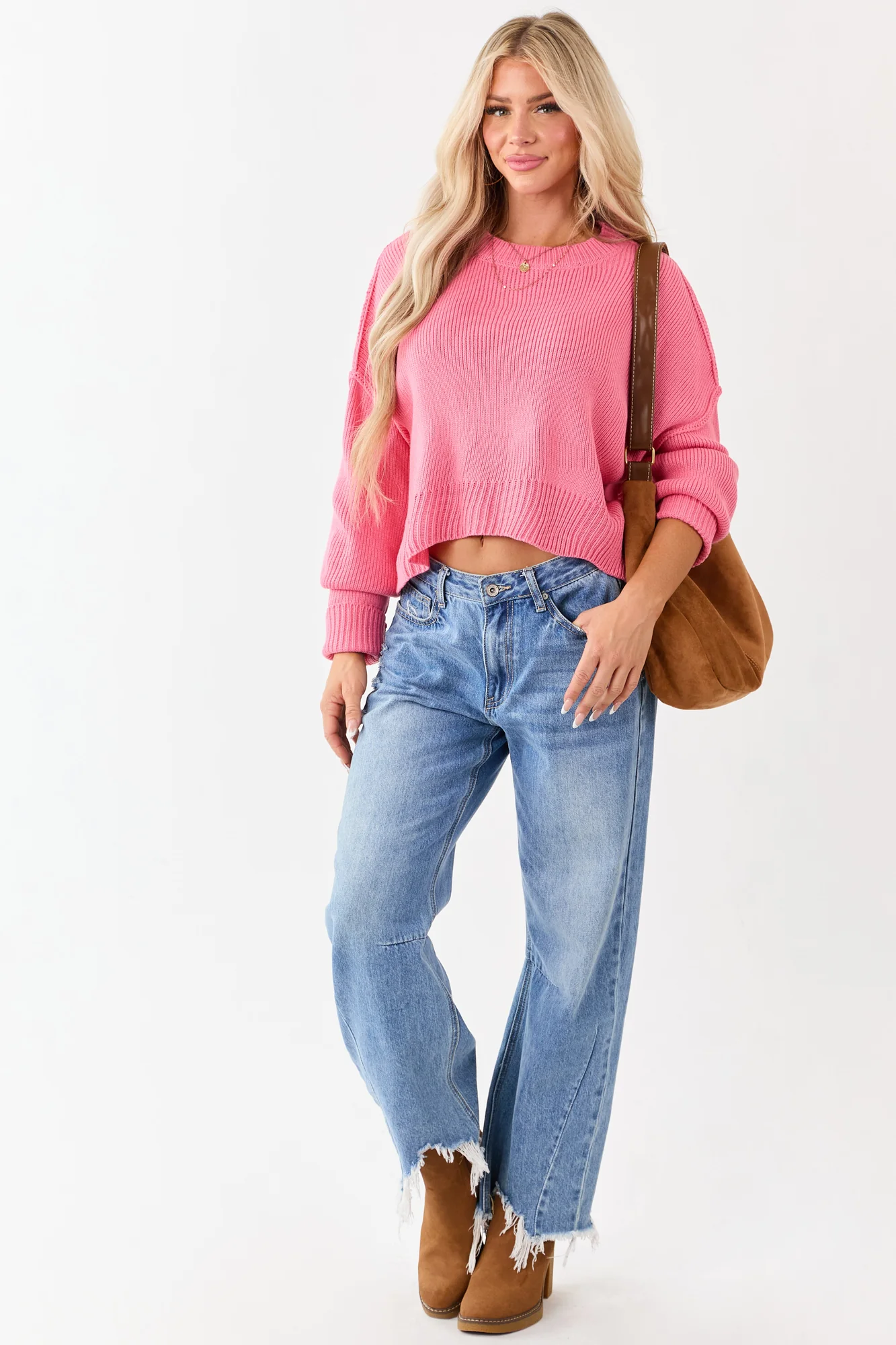 Pink Rib Knit Cropped Sweater