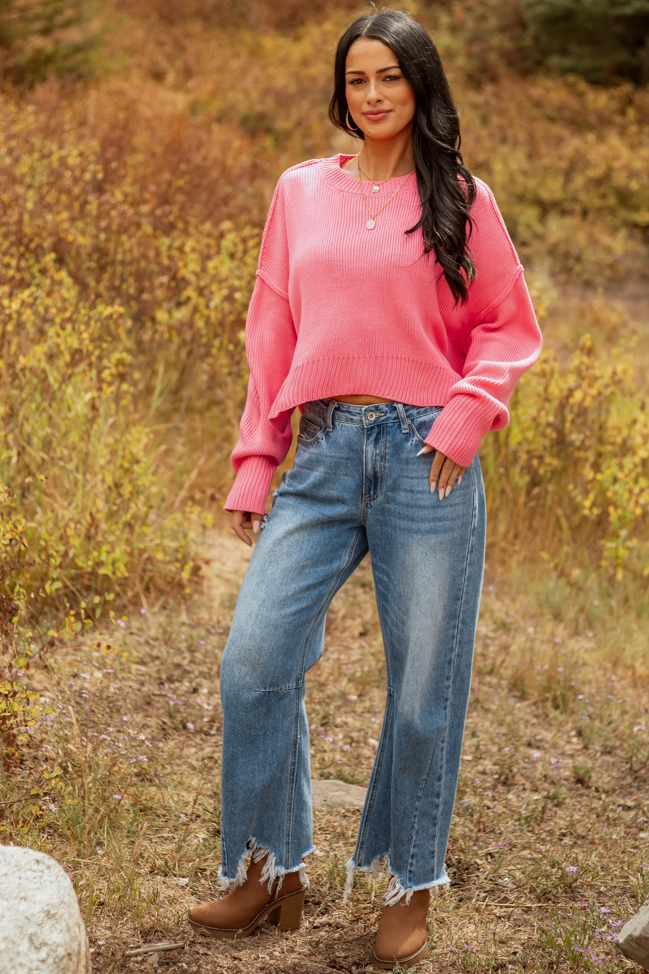 Pink Rib Knit Cropped Sweater
