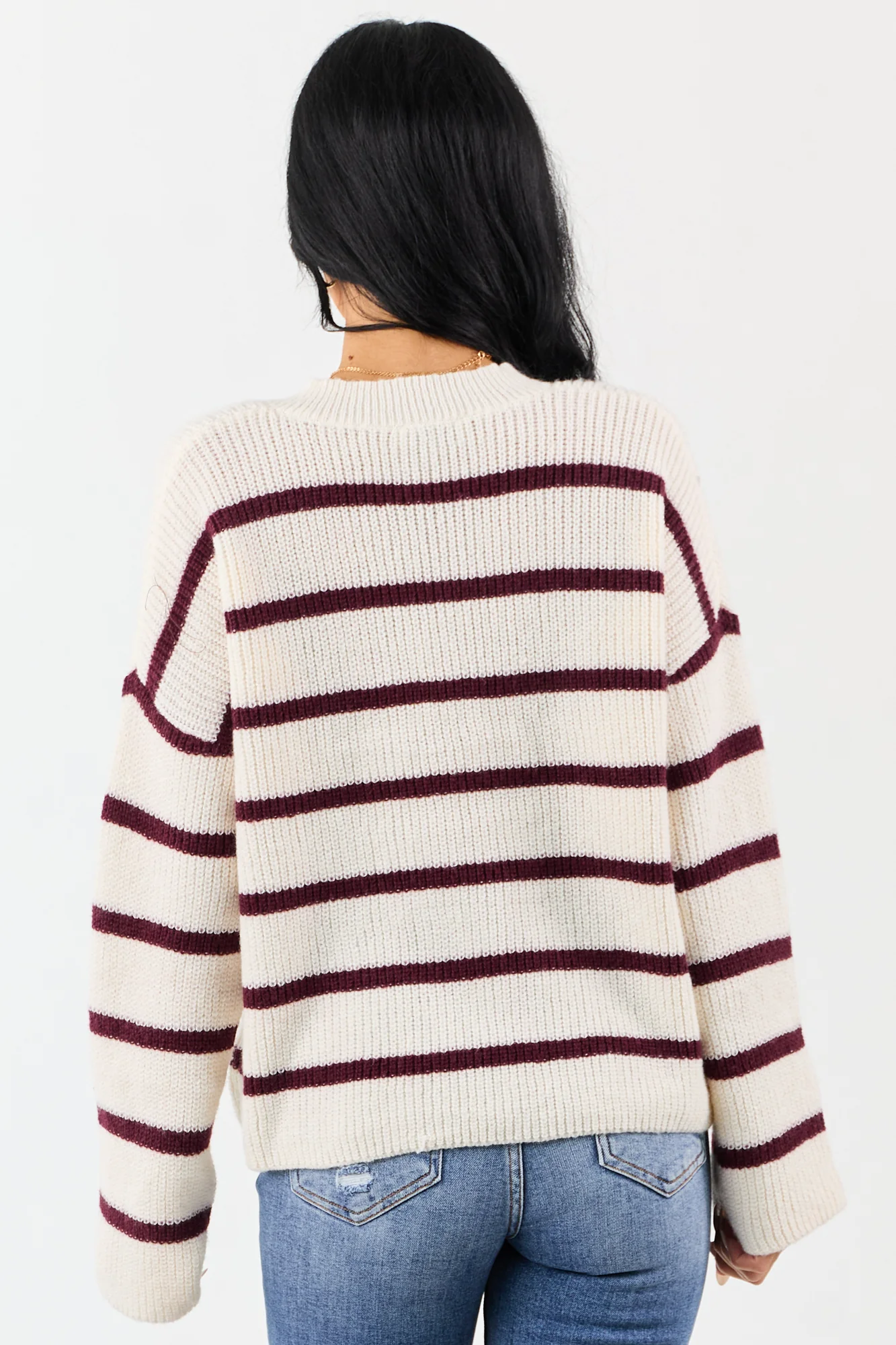 Cozy Cream & Mahogany Striped Sweater - Rib Knit V-Neck Style