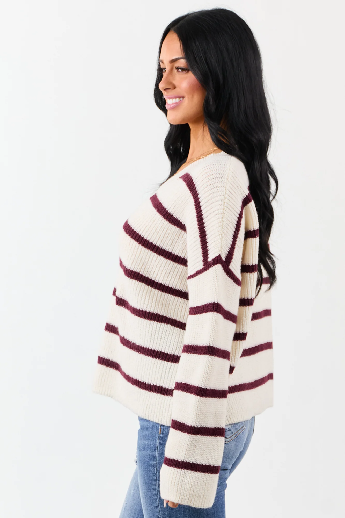 Cozy Cream & Mahogany Striped Sweater - Rib Knit V-Neck Style