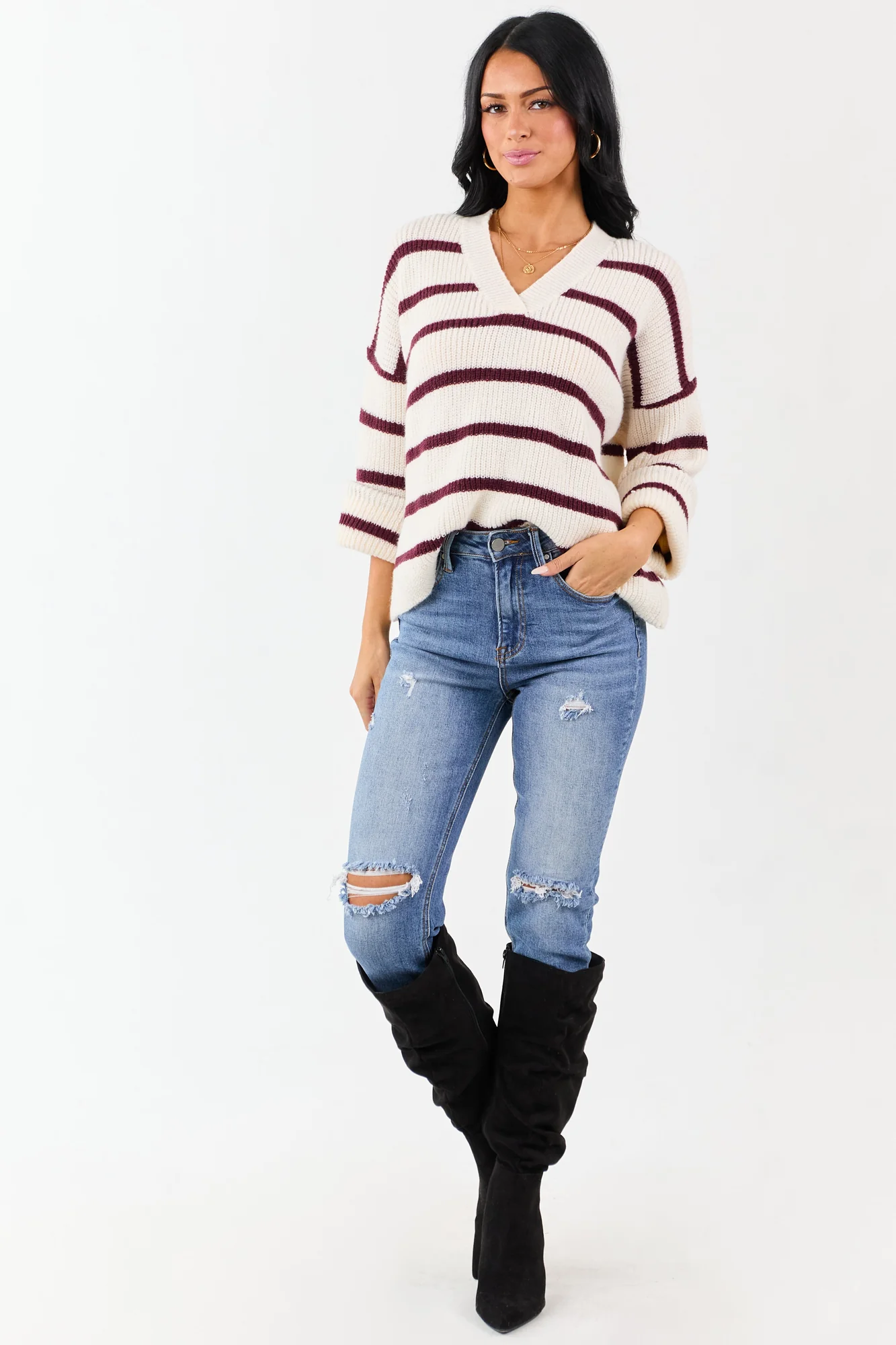 Cozy Cream & Mahogany Striped Sweater - Rib Knit V-Neck Style