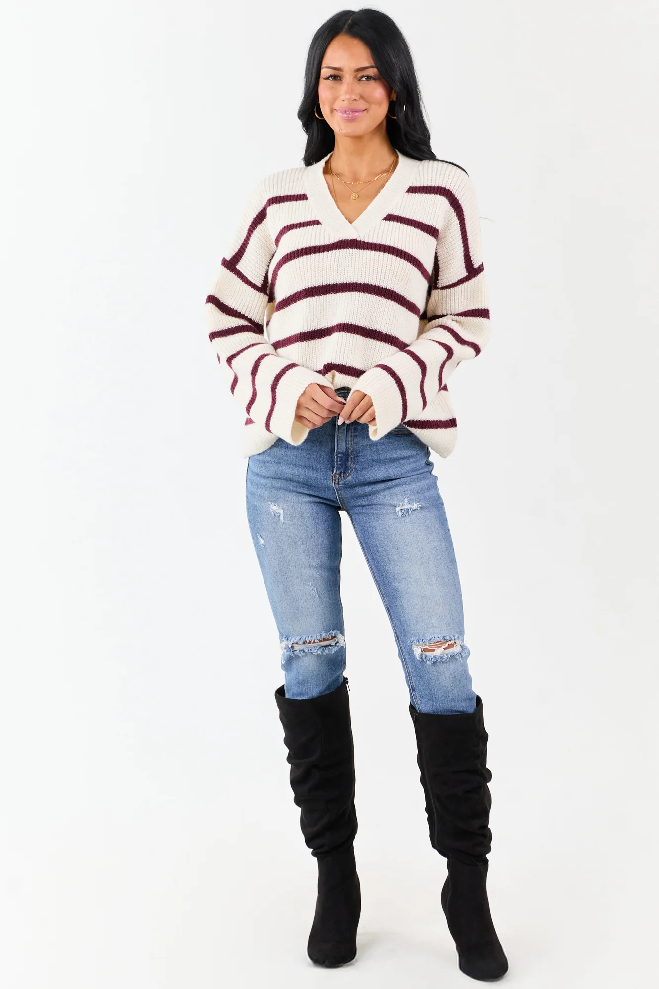 Cozy Cream & Mahogany Striped Sweater - Rib Knit V-Neck Style